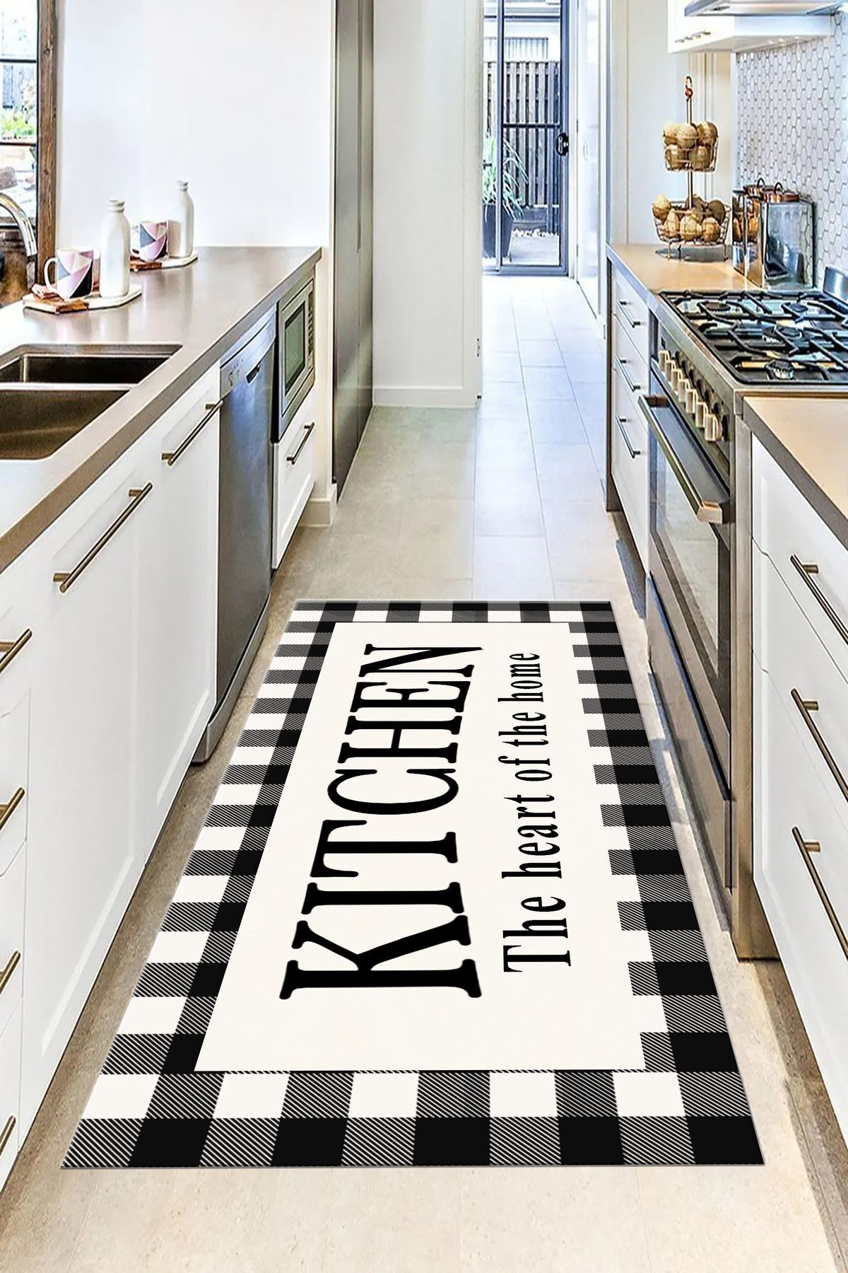 Bej Siyah Kitchen Lateks Deri Taban Mutfak Halısı