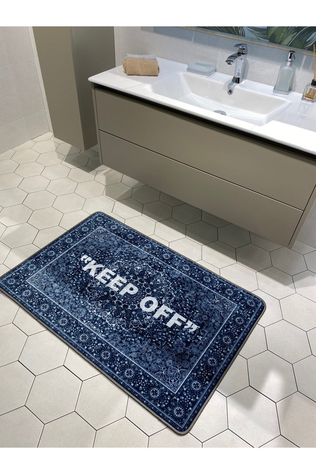 Keep Off Tekli Lateks Kaymaz Taban Su Geçirmez Banyo Paspas Takımı (80x120) Lacivert