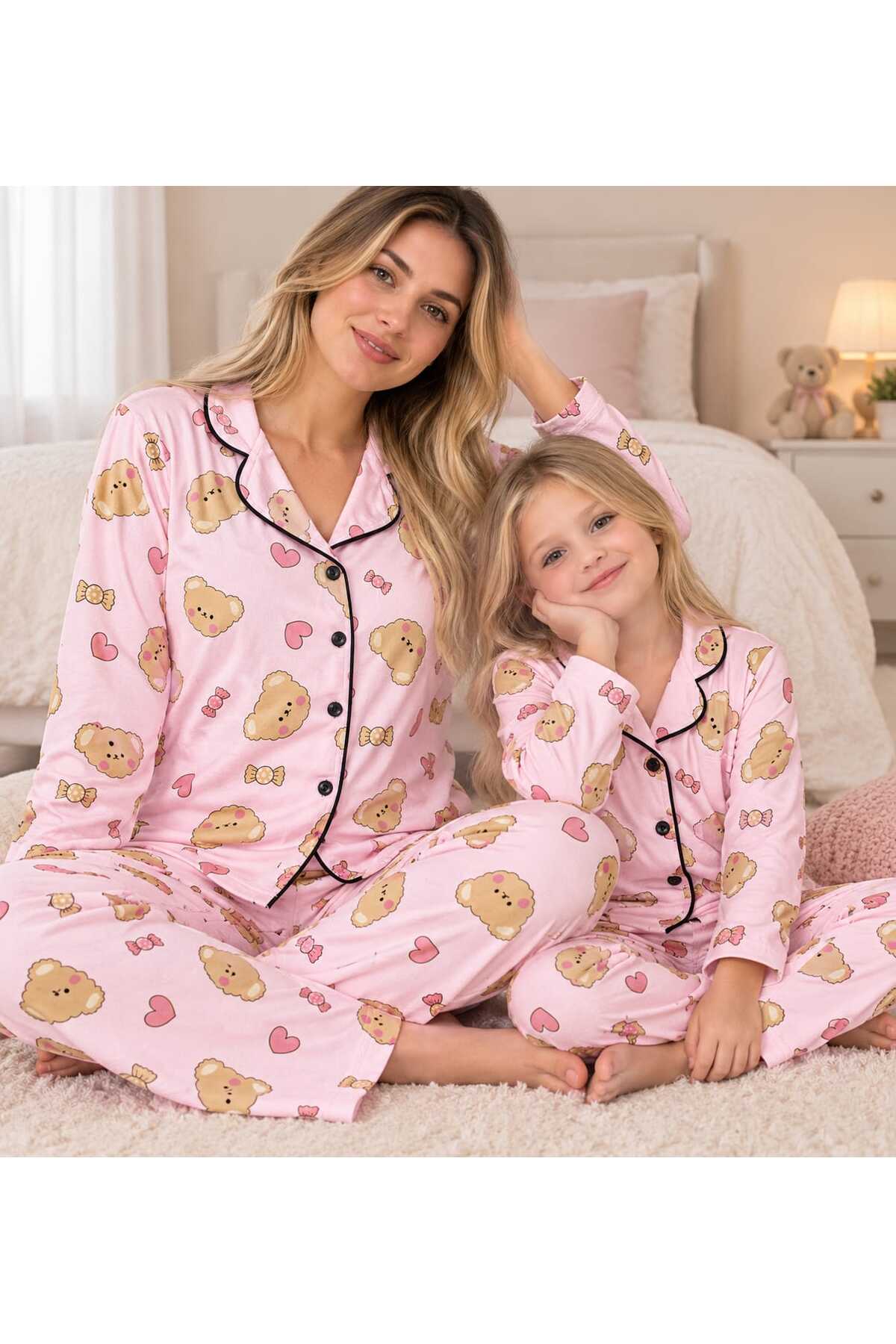 Anne kız pamuklu düğmeli uzun kollu süet pijama takımı (tek takım fiyatıdır)