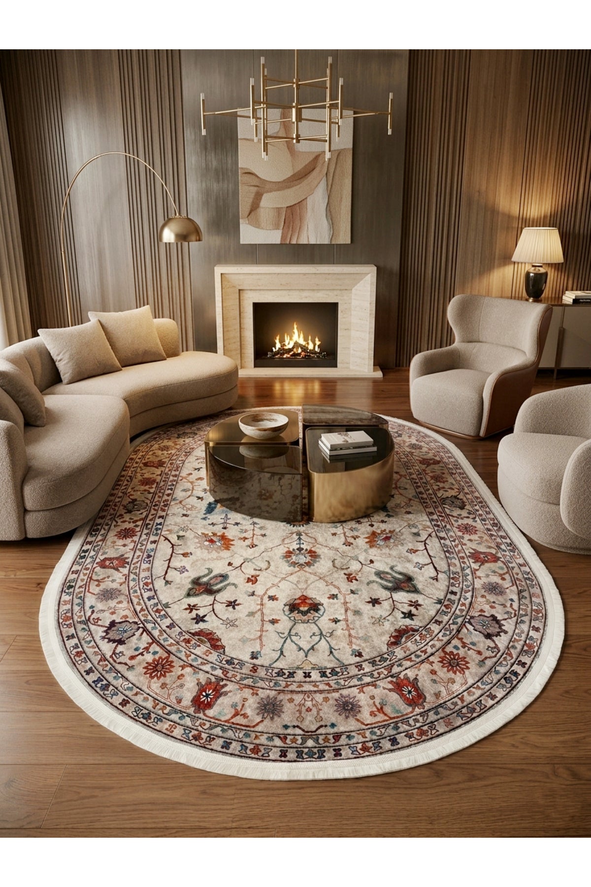 Gri Renk Vintage Çiçekli Oval Lateks Kaymaz Taban Halı