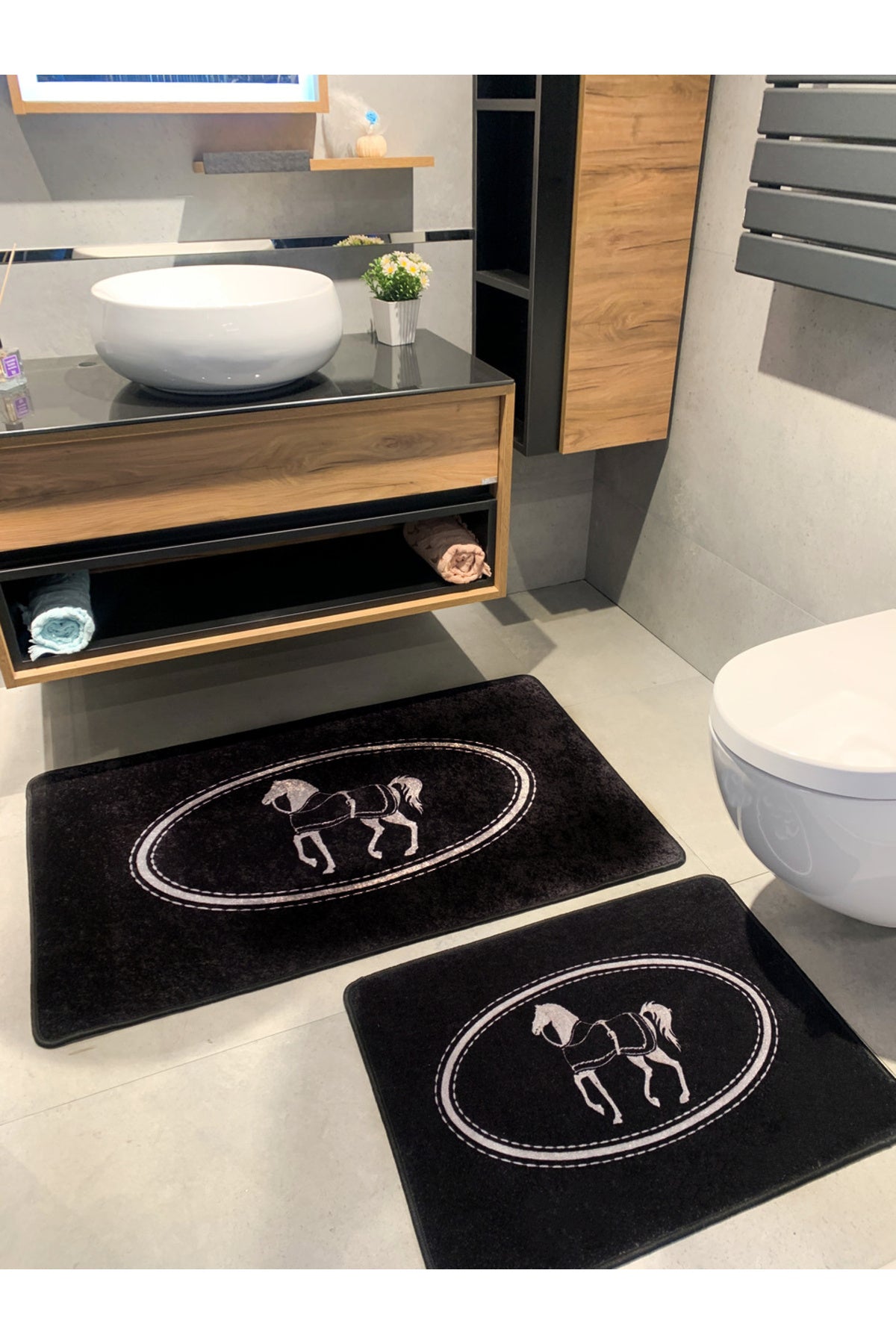 Siyah At Desen Horse Desenli 2'li Deri Taban Banyo Paspas (60x100 - 60x50)