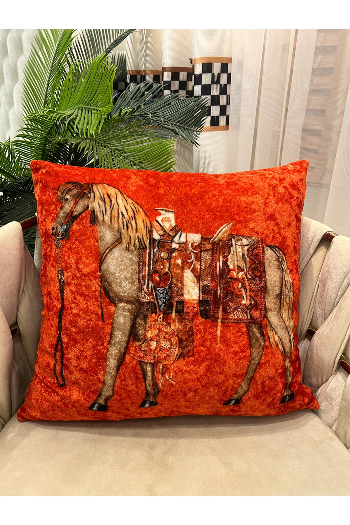 %100 Kadife At Desenli Kırlent Yastık Kılıfı (TURUNCU) 45x45