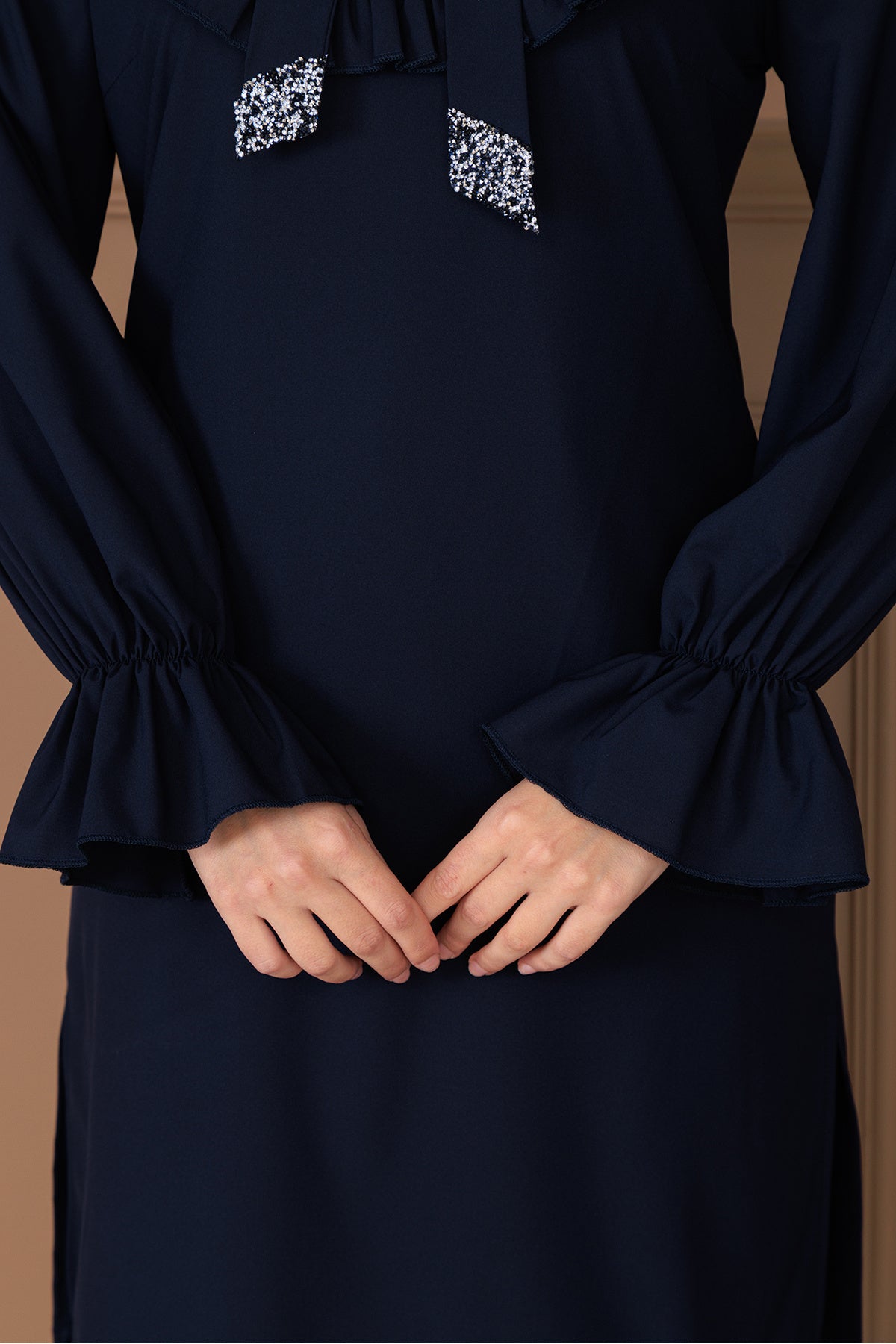 Azel Tesettür Tunik Pantolon İkili Takım, Taş Detaylı, Kravatlı, Yırtmaçlı