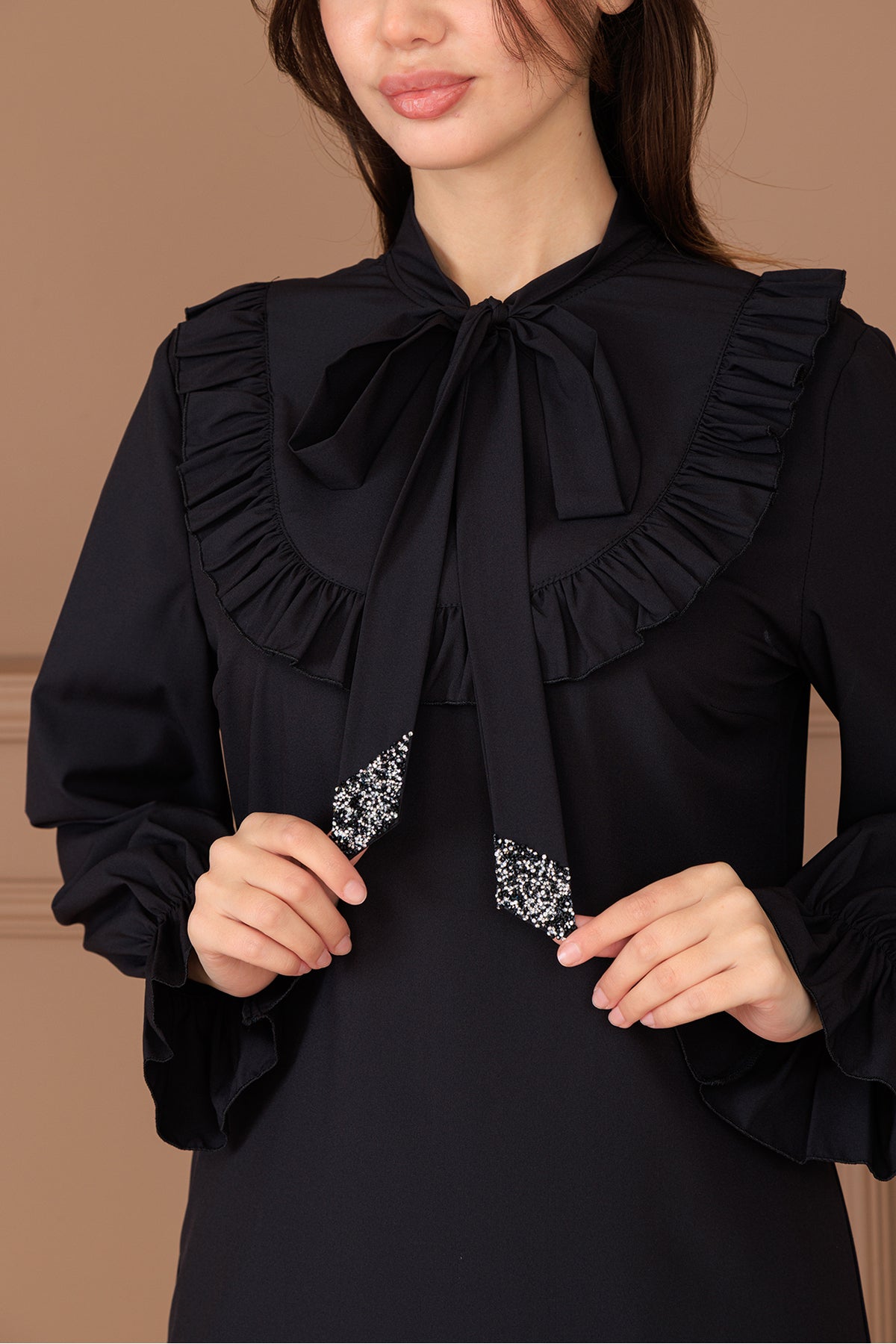 Azel Tesettür Tunik Pantolon İkili Takım, Taş Detaylı, Kravatlı, Yırtmaçlı