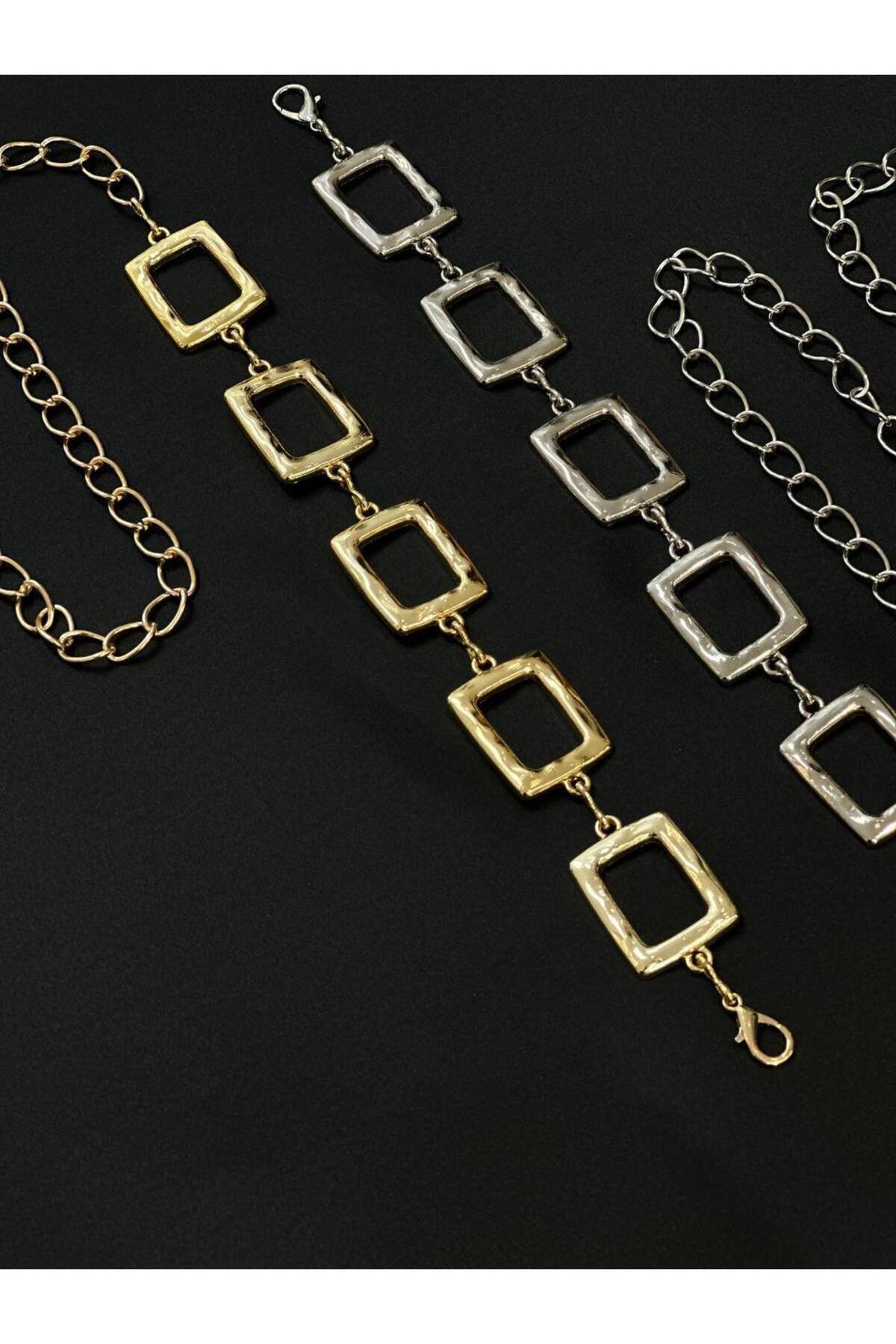 2'li Kare Gold Gümüş Detaylı Kadın Bel Zinciri Detaylı Kadın Bel Zinciri Bel Kemeri,Elbise Kemeri,
