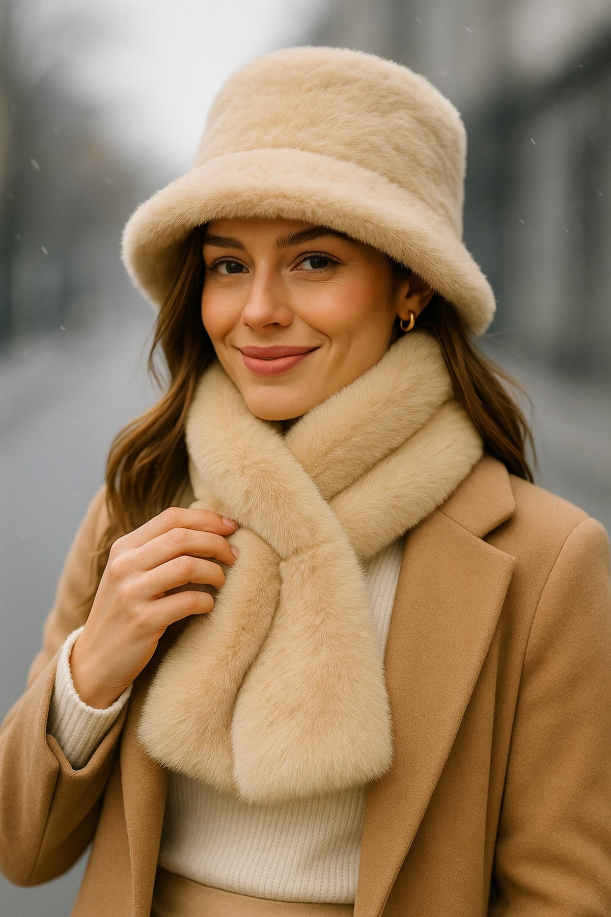 İthal Beyaz Peluş Eldiven Kulaklık Set