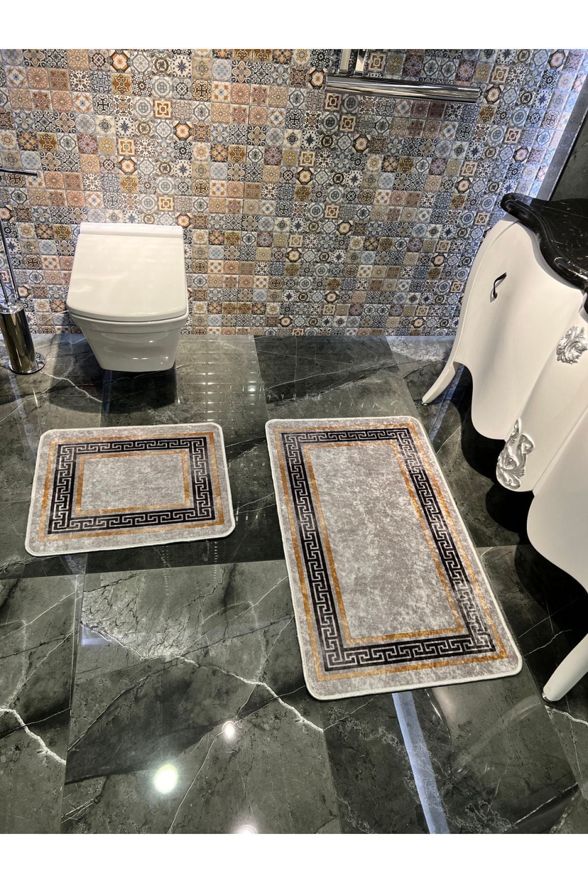 Bordürlü Desenli 2'li Lateks Deri Taban Banyo Paspas Takımı (60X100 - 60X50) Siyah