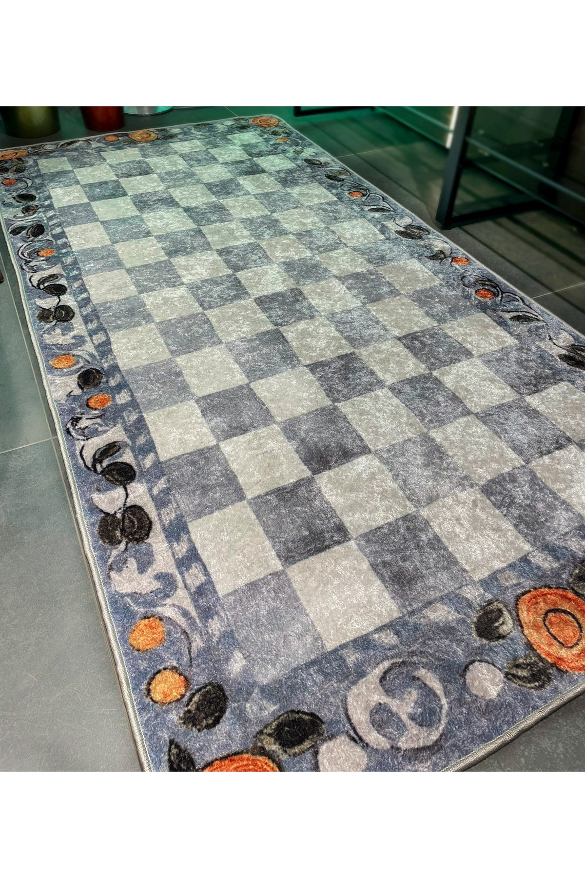 Bej Turuncu Dama Desenli Kaymaz Taban Mutfak Halısı