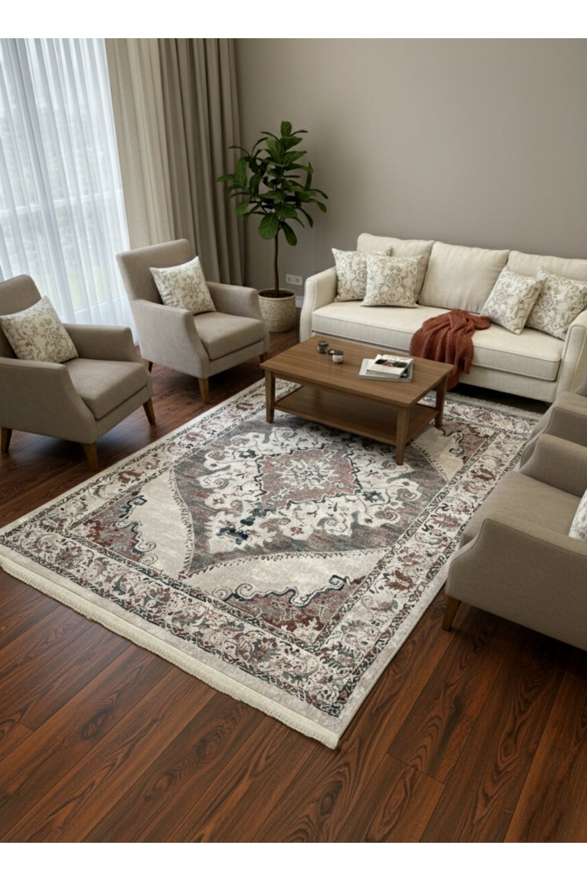 Göbekli Damask Desenli Lateks Taban Salon Halısı