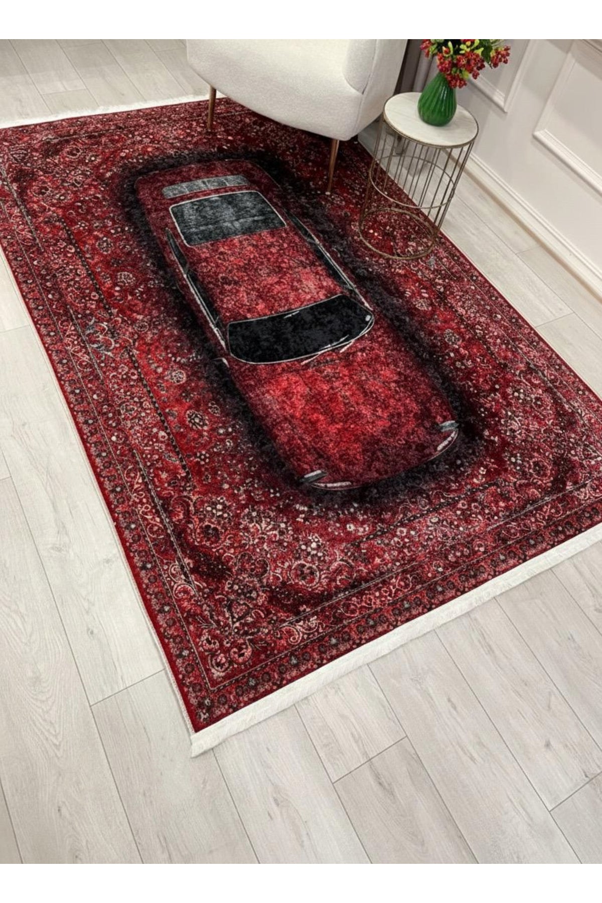 Vintage Araba Desenli Lateks Taban Halı