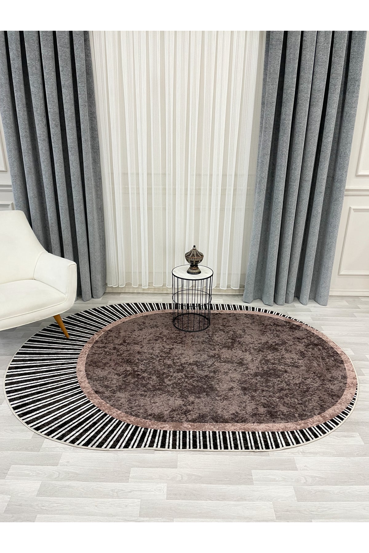 YEŞİL Renk Çizgili Oval Kaymaz Taban Halı