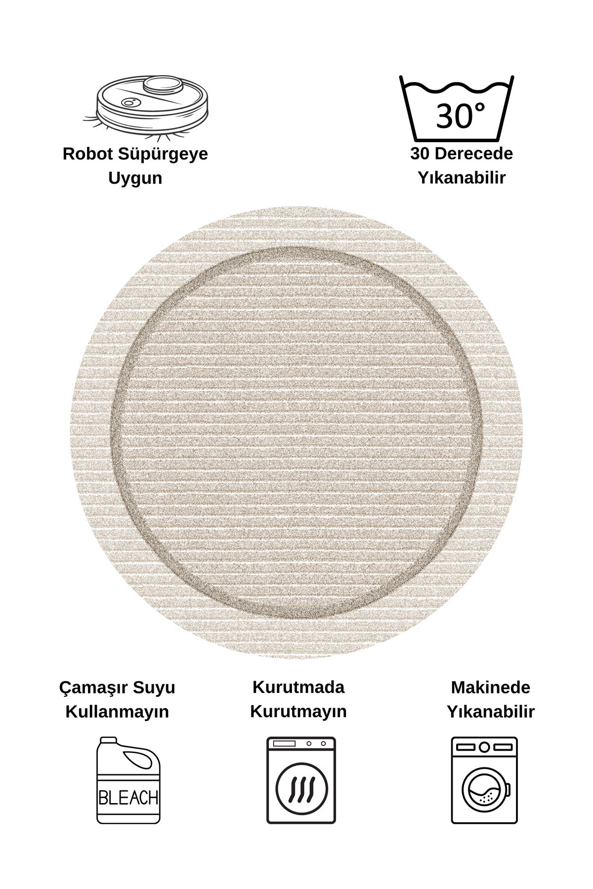 İskandinav Tarzı Kaymaz Taban Sisal Görünüm Daire Halı