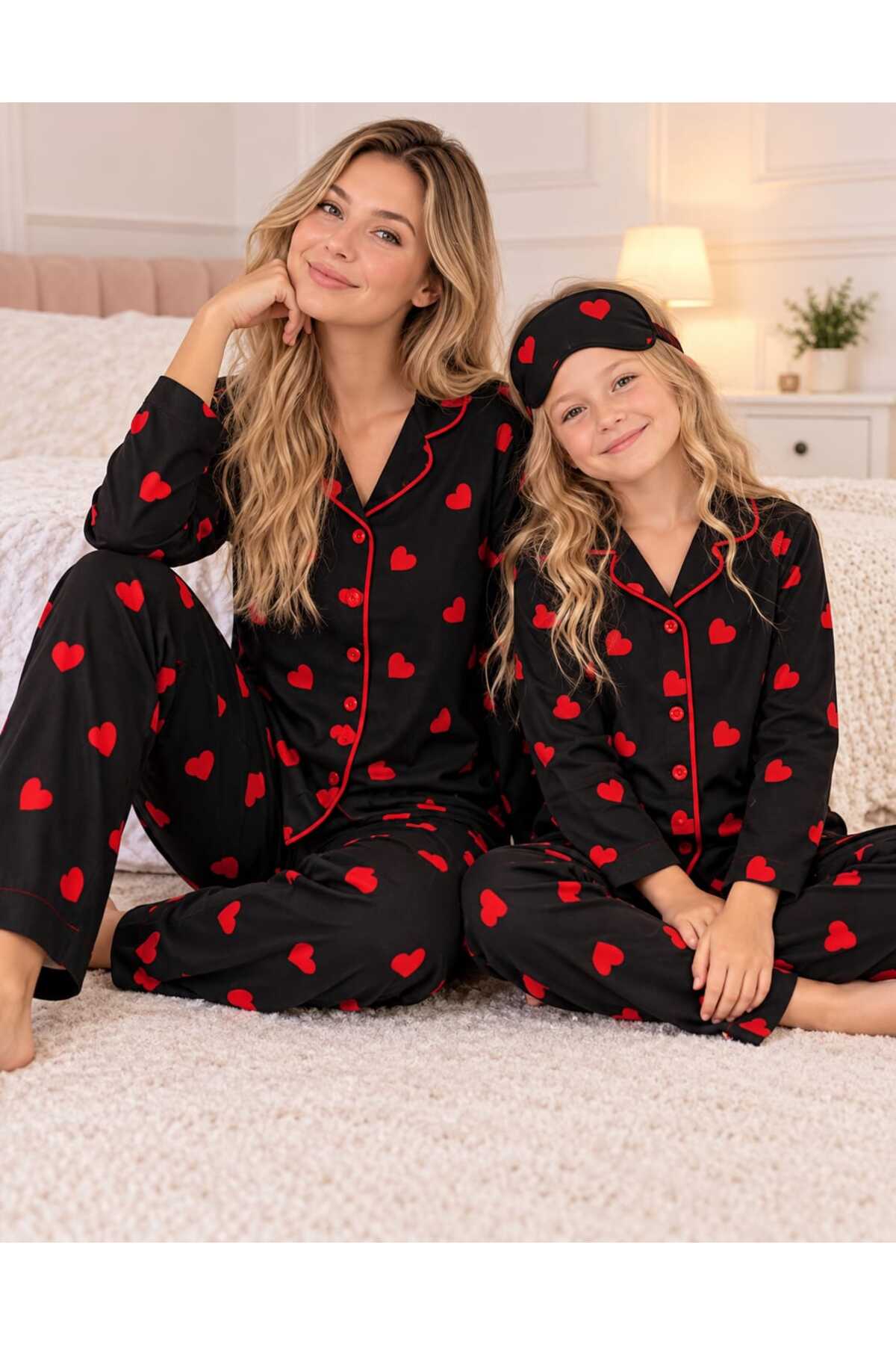 Anne kız pamuklu kalp desenli düğmeli uzun kollu pijama takımı ( tek takım fiyatıdır)