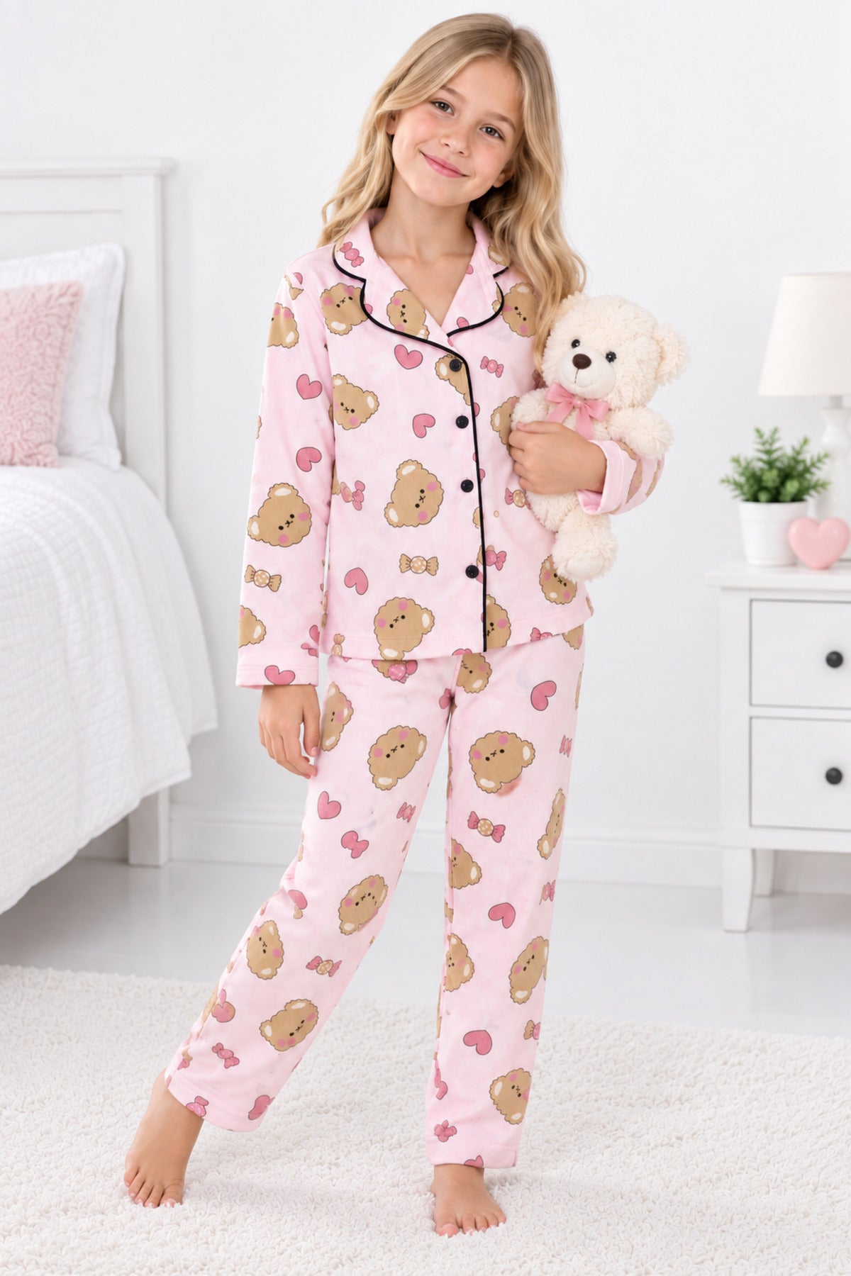 Kız çocuk pamuklu düğmeli Pembe renk uzun kollu pijama takımı
