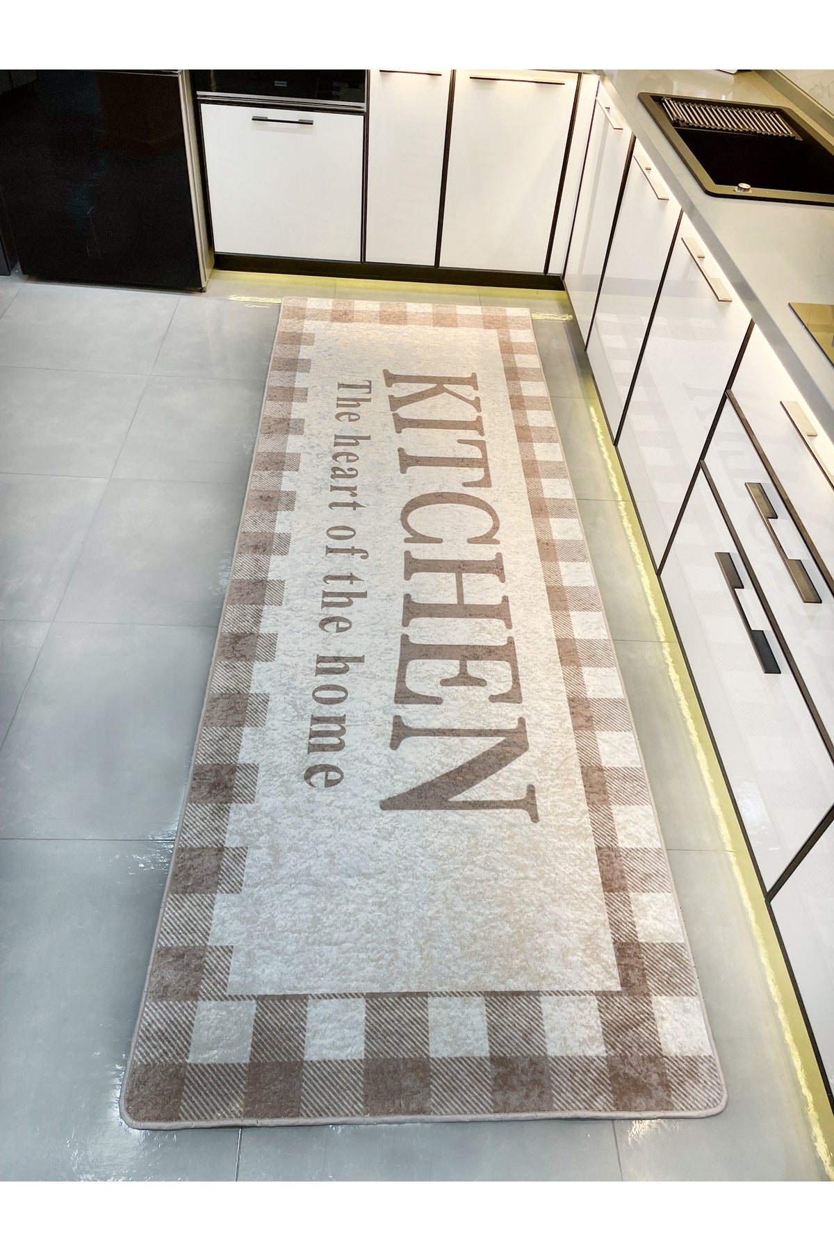 Bej Siyah Kitchen Lateks Deri Taban Mutfak Halısı