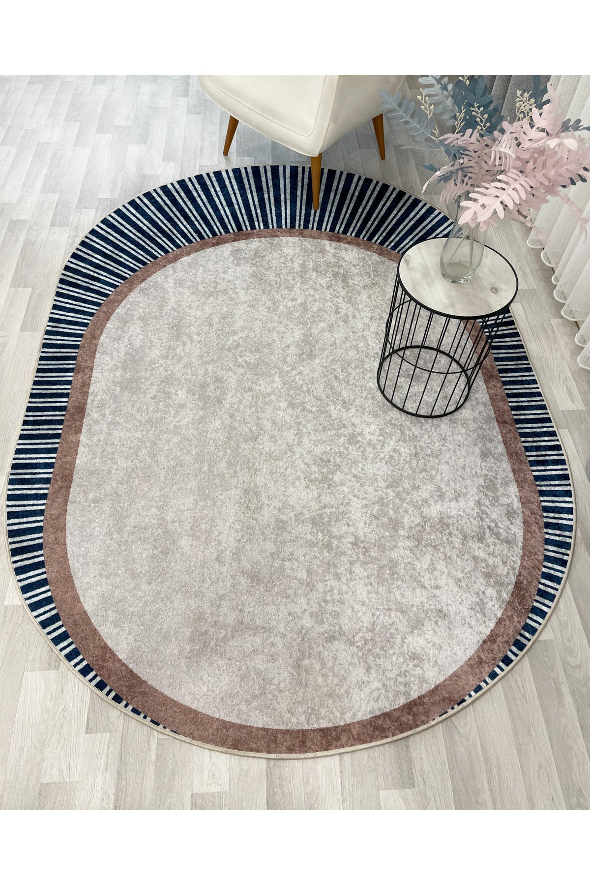 YEŞİL Renk Çizgili Oval Kaymaz Taban Halı