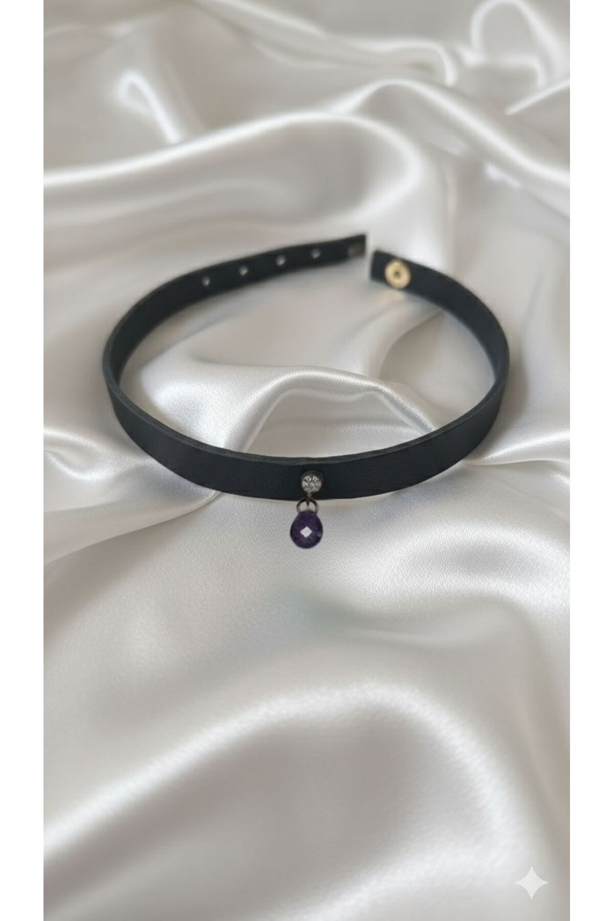 925 Ayar Mor Damla Taş Sallantılı, Deri Choker Kolye