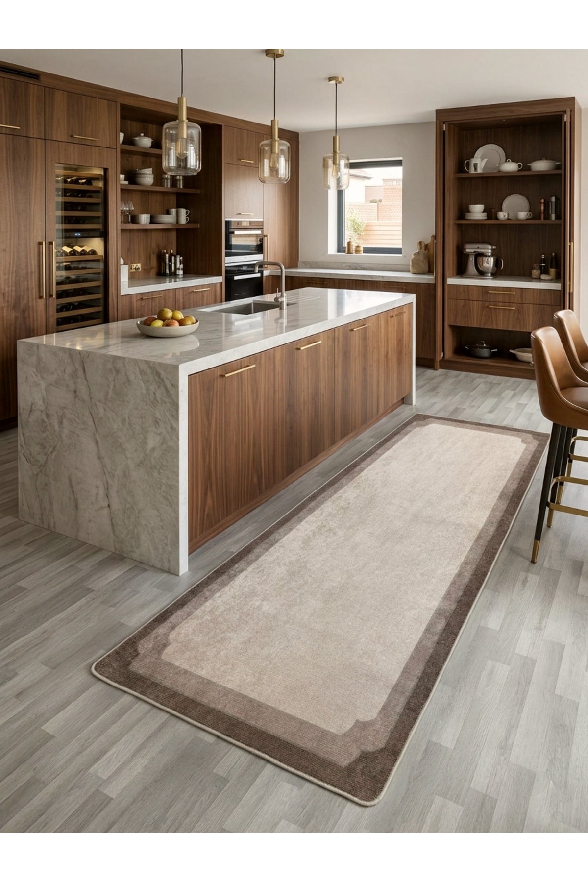 Bej Kahve Çerçeve Kenarlı Modern Desenli Lateks Taban Halı