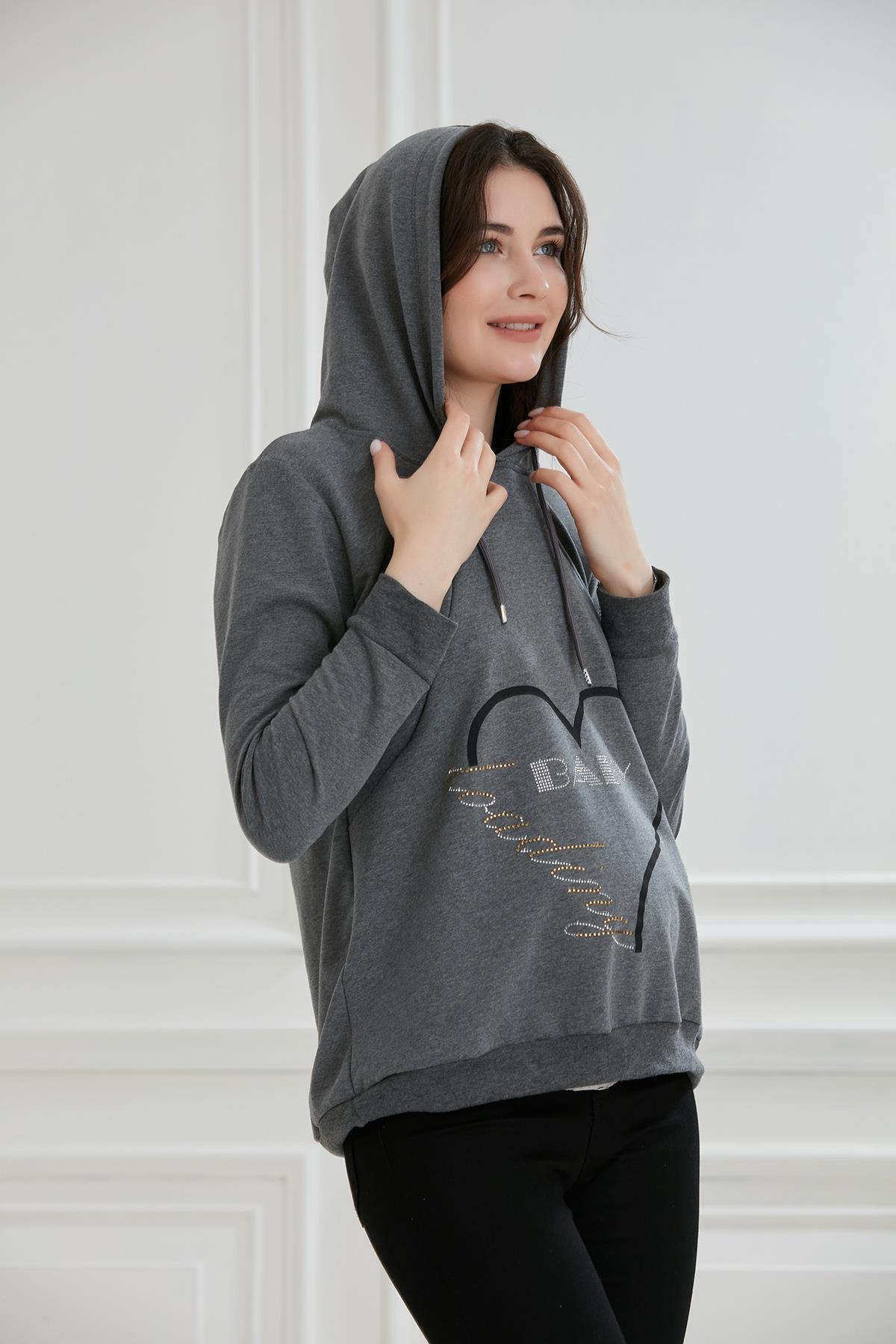8626-taşlı Baskı Emzirme Detay Hamile Sweatshirt
