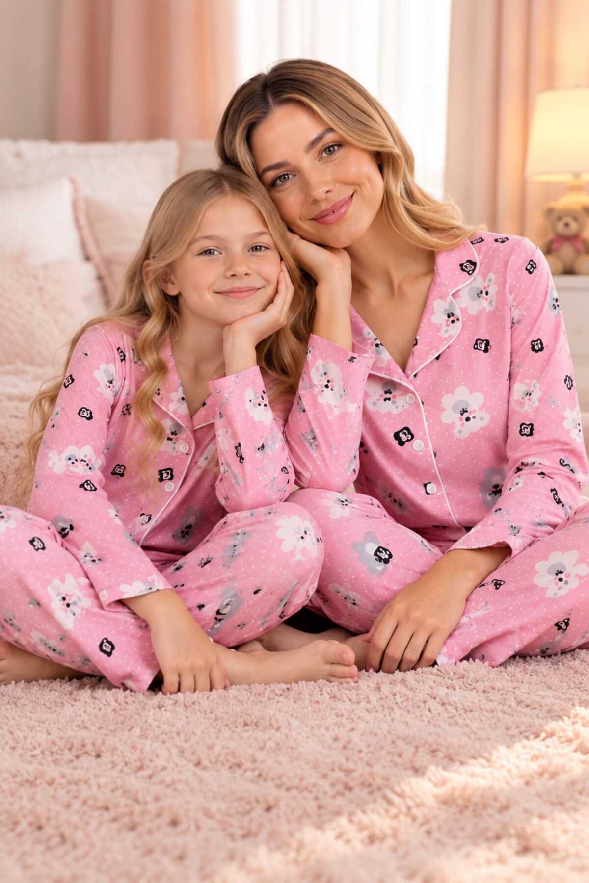 Anne ve kız çocuk kombin pamuklu uzun kollu düğmeli pijama takımı ( ayrı ayrı satılmaktadır)