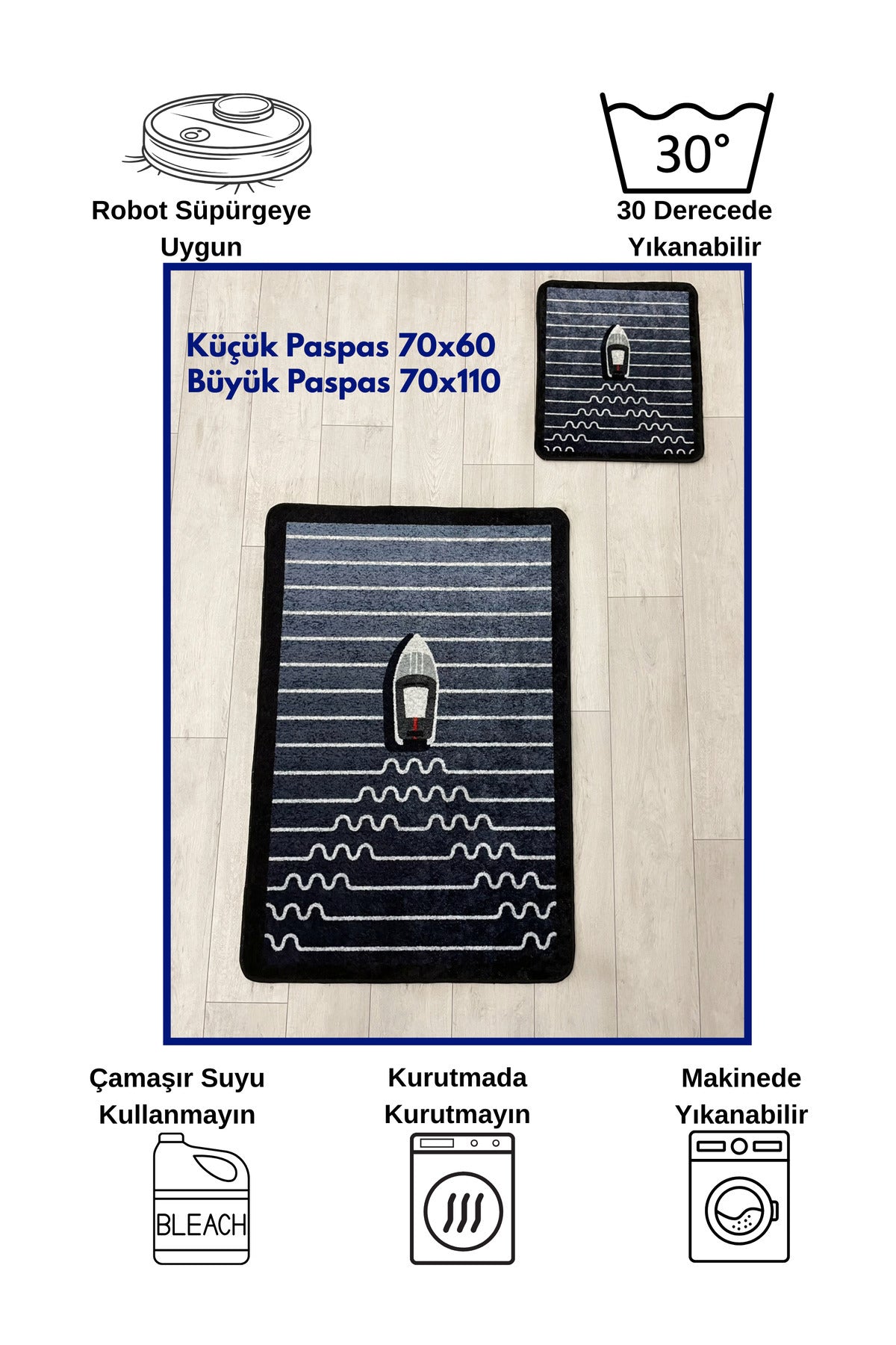 Tekne Desen Çizgi Desenli 2 li Deri Taban Banyo Paspas (70x110 - 70x50)