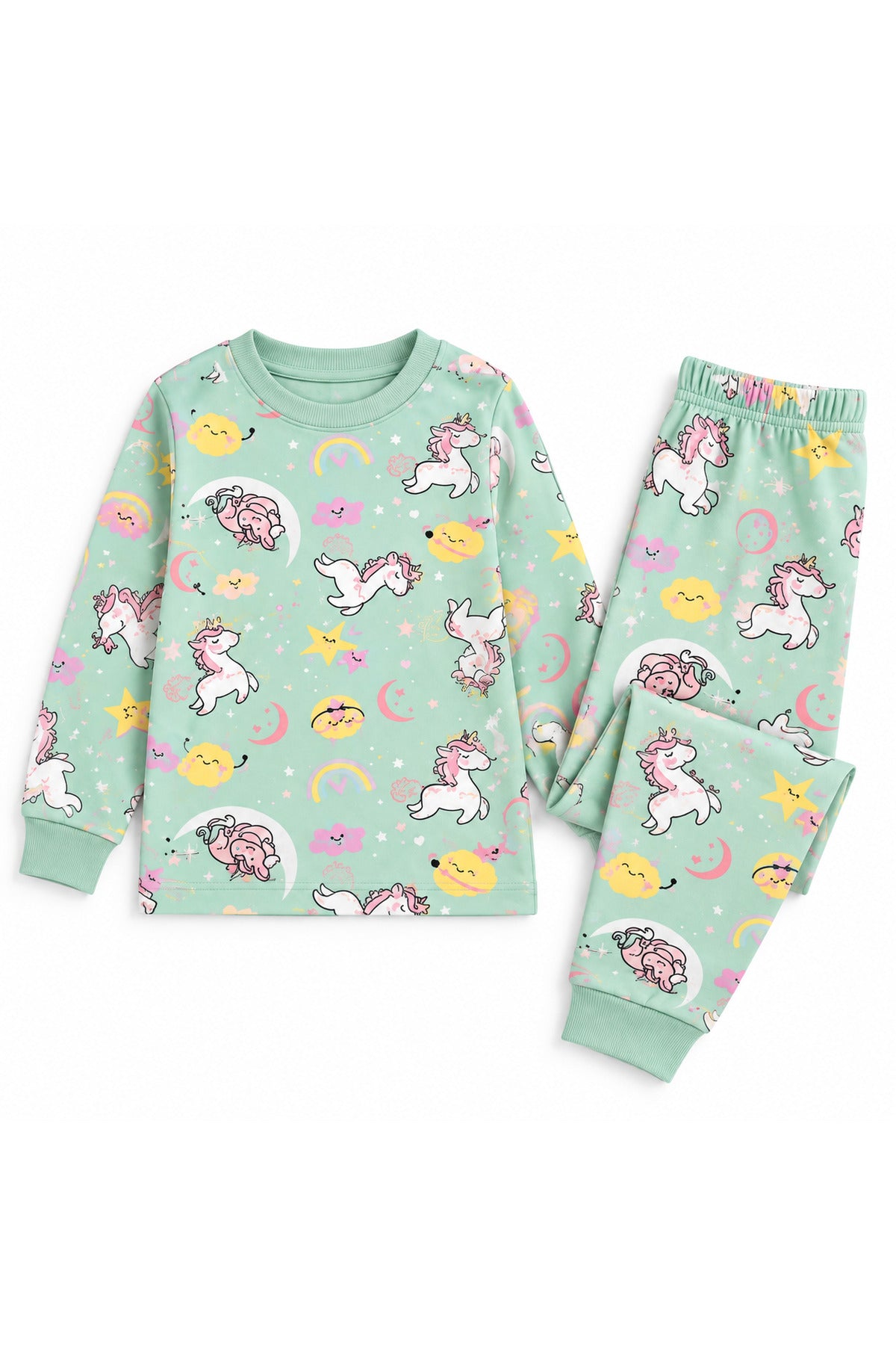 Kız çocuk %100 pamuklu unicorn desenli turkuaz rengi uzun kollu pijama takımı