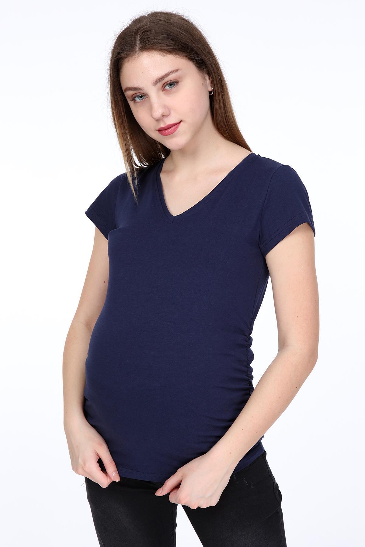 3158-v Yaka Kısa Kol Hamile T-Shirt