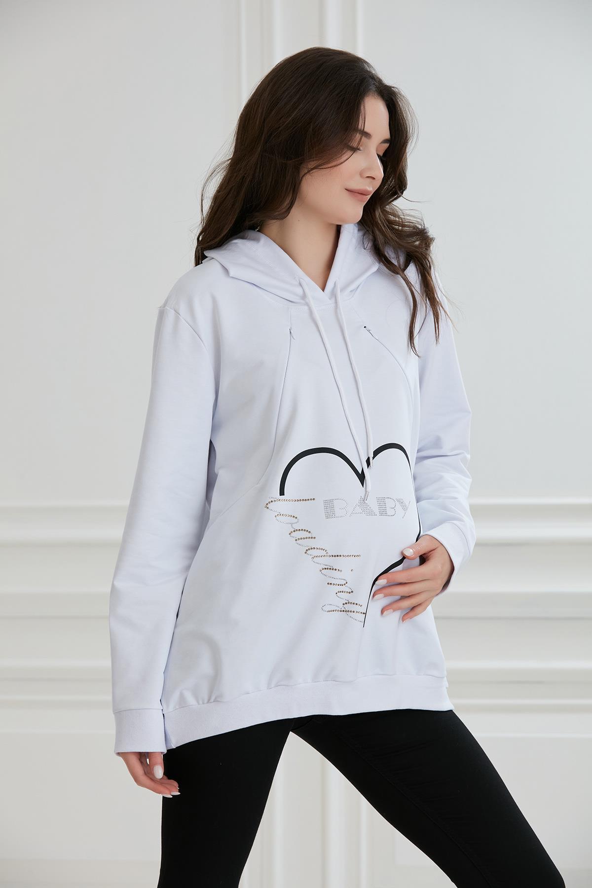 8626-taşlı Baskı Emzirme Detay Hamile Sweatshirt