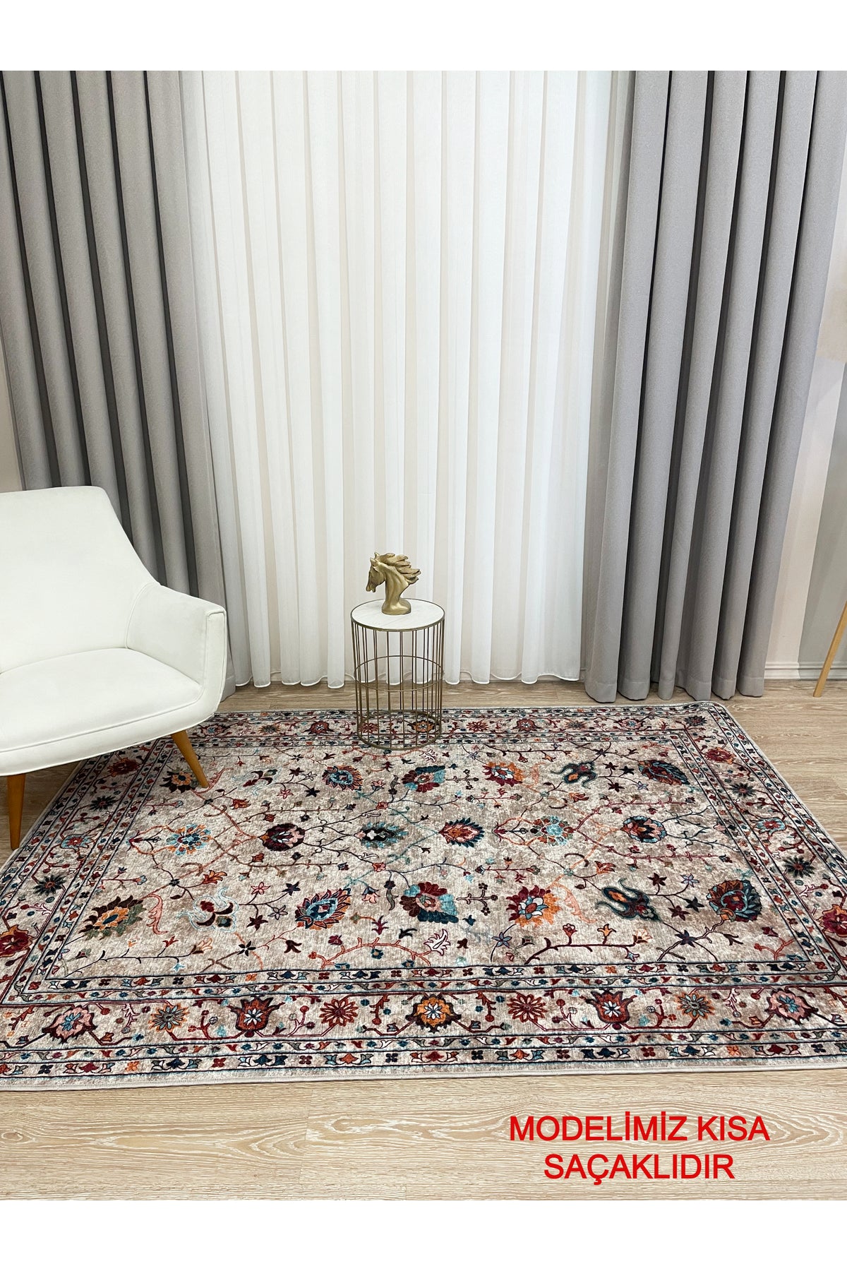 Gri Renk Vintage Çiçekli Oval Lateks Kaymaz Taban Halı