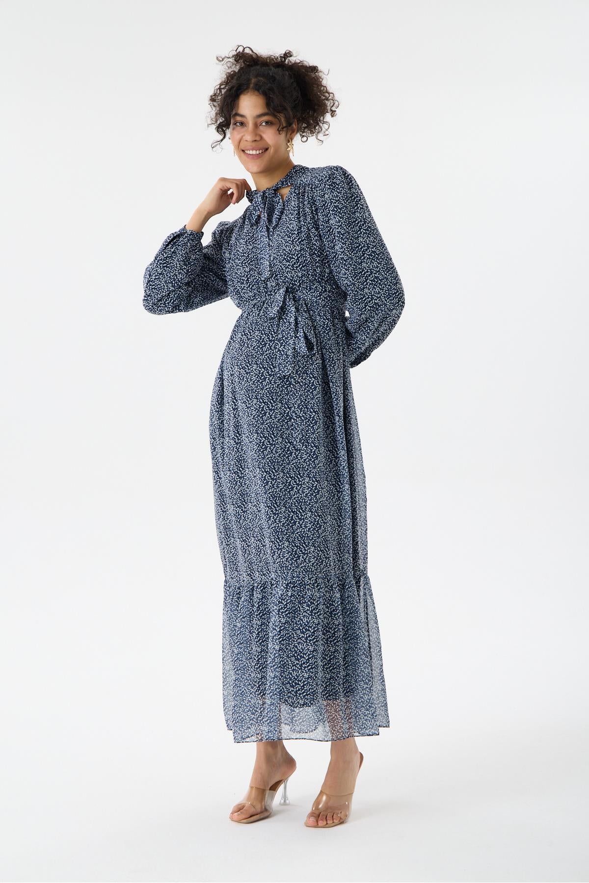 M0015-Yaka Bağlamalı Çiçek Desen Maxi Hamile Elbise
