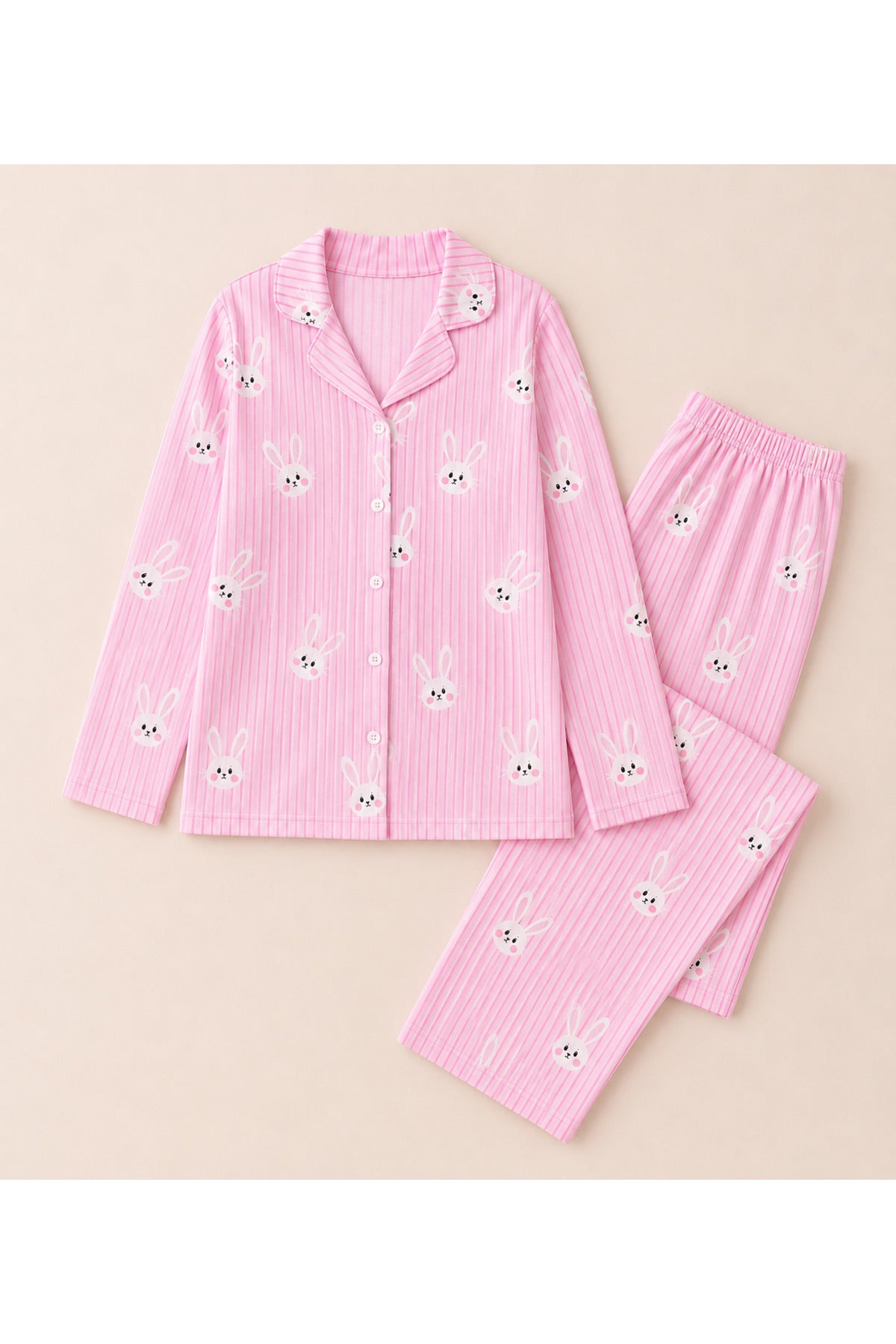 Kız çocuk pamuklu düğmeli uzun kollu pijama takımı