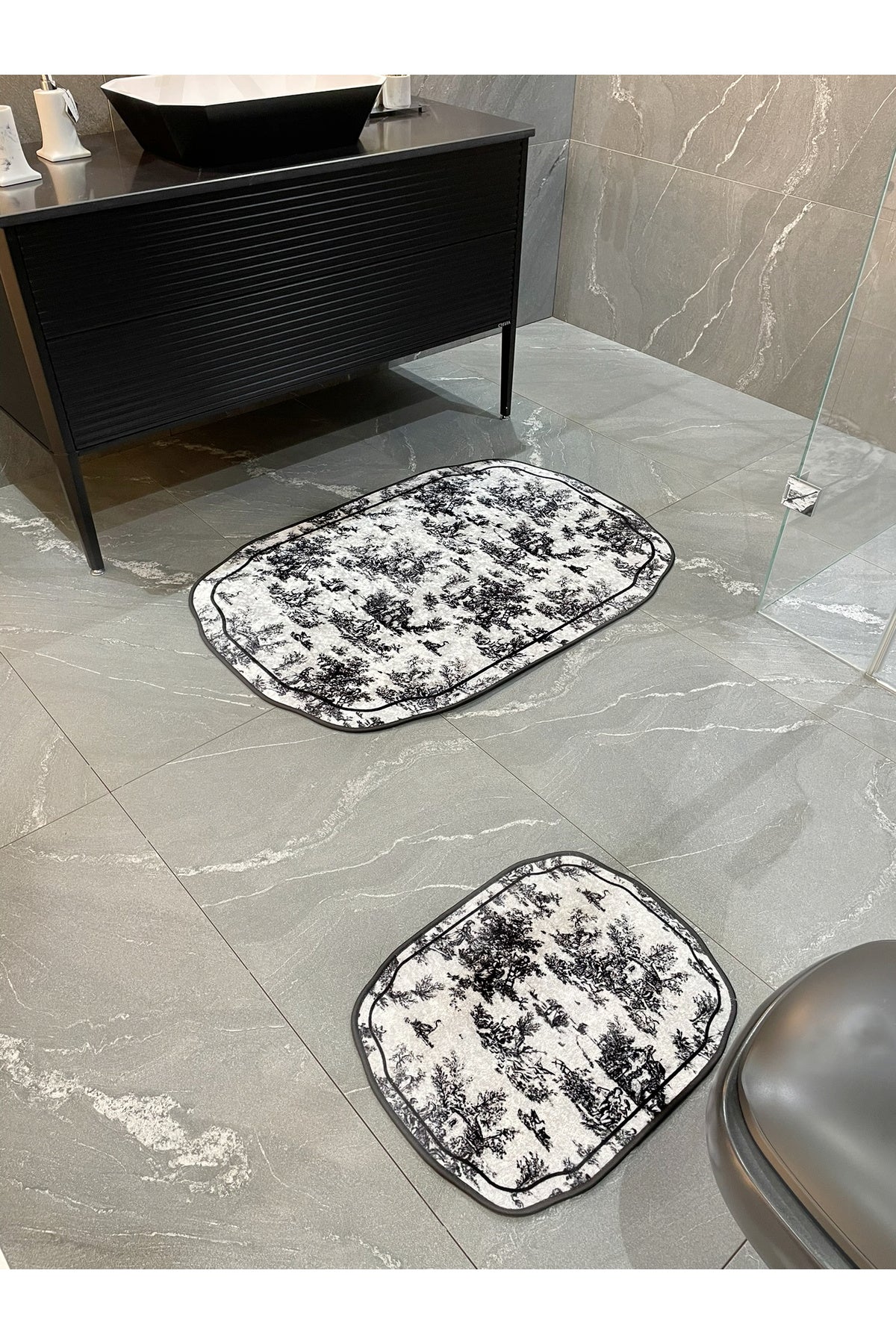 Toile de Jouy Temalı Tekli Lateks Taban Banyo Paspası (80X120)