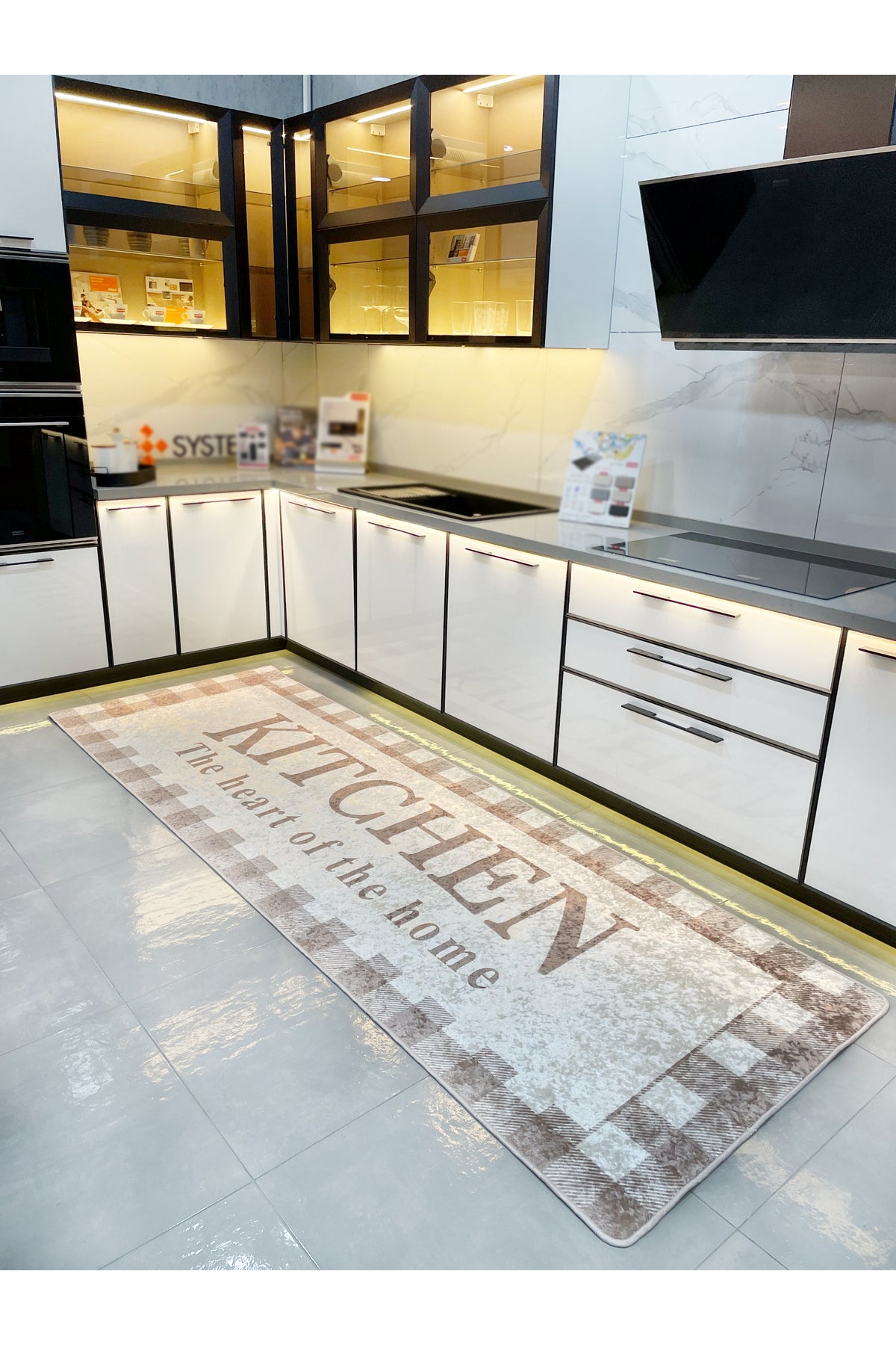 Bej Siyah Kitchen Lateks Deri Taban Mutfak Halısı