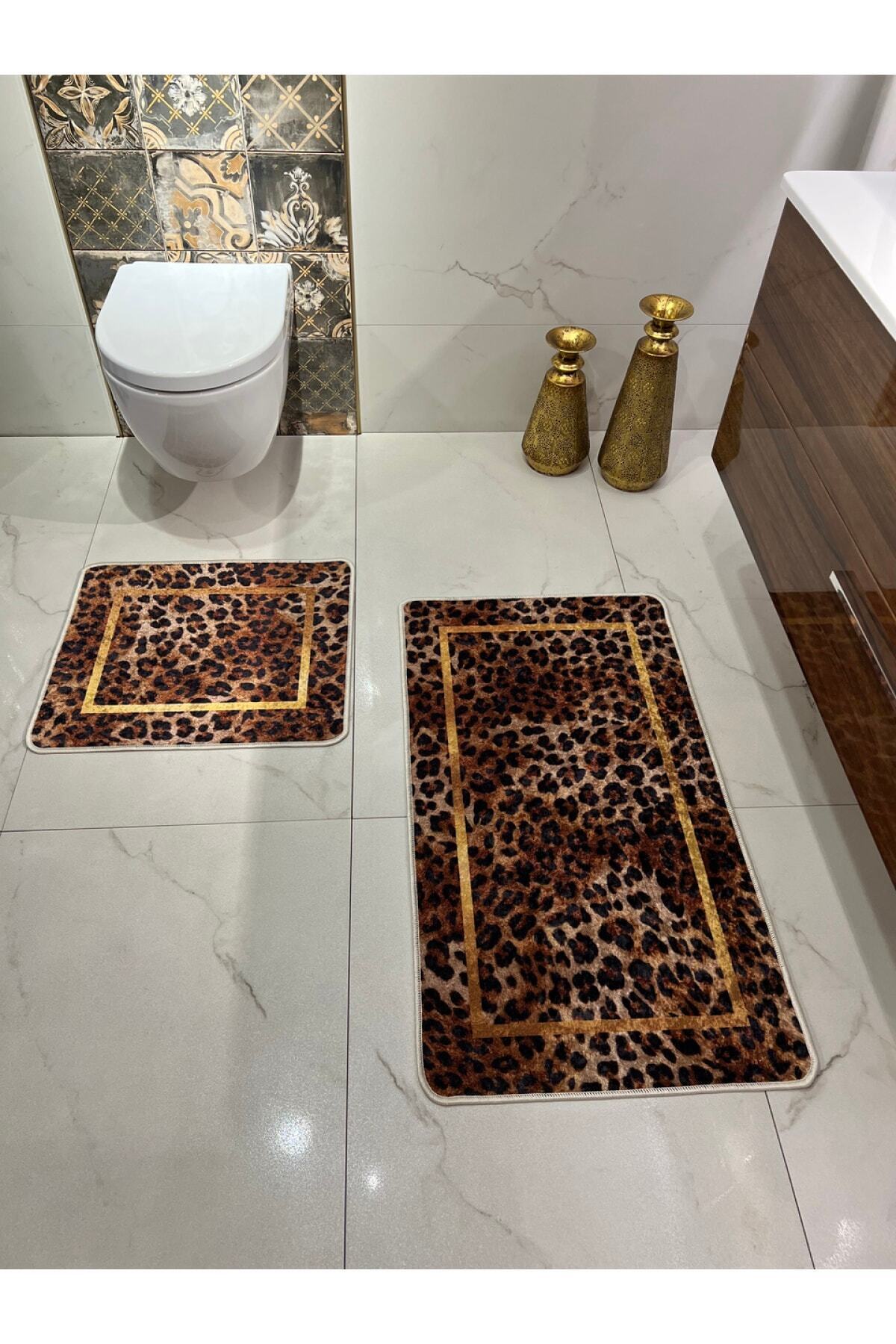 Leopar Desenli 2'li Kaymaz Taban Banyo Paspas Takımı (60x100 - 60x50)