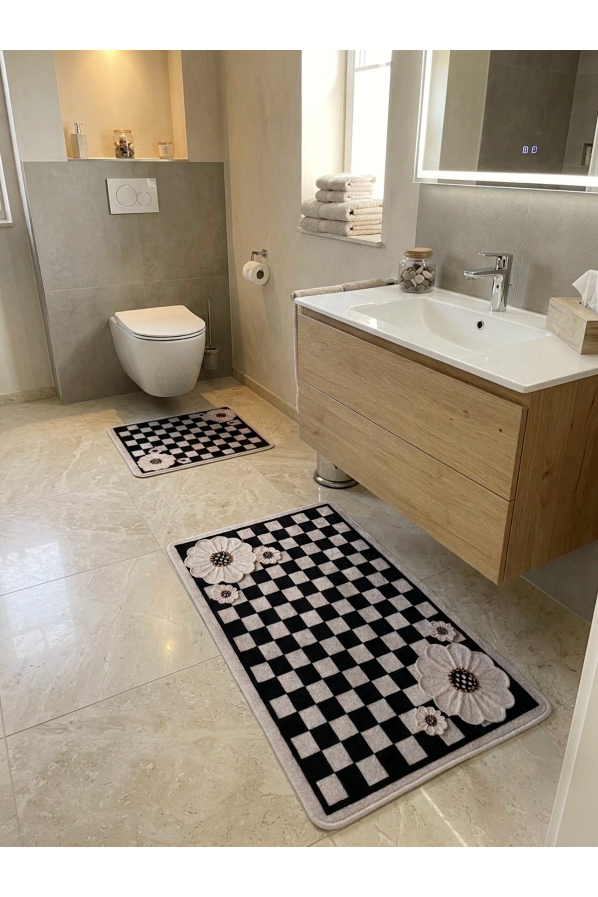 Damalı Çiçek Desenli Lateks Taban 2'li Banyo Paspası (60x100-60x50)