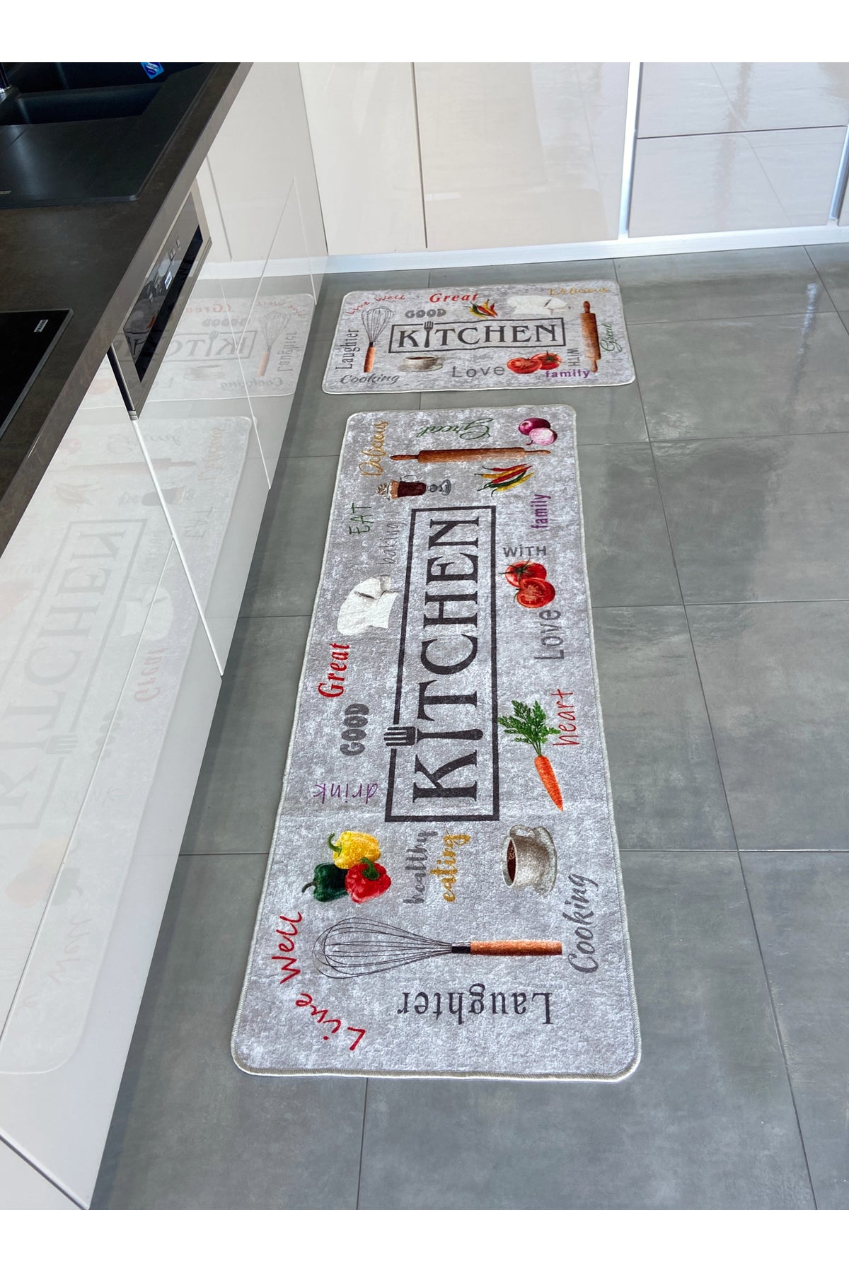 Gri Renk Yıkanabilir Mutfak Yolluk Lateks Deri Taban Halı