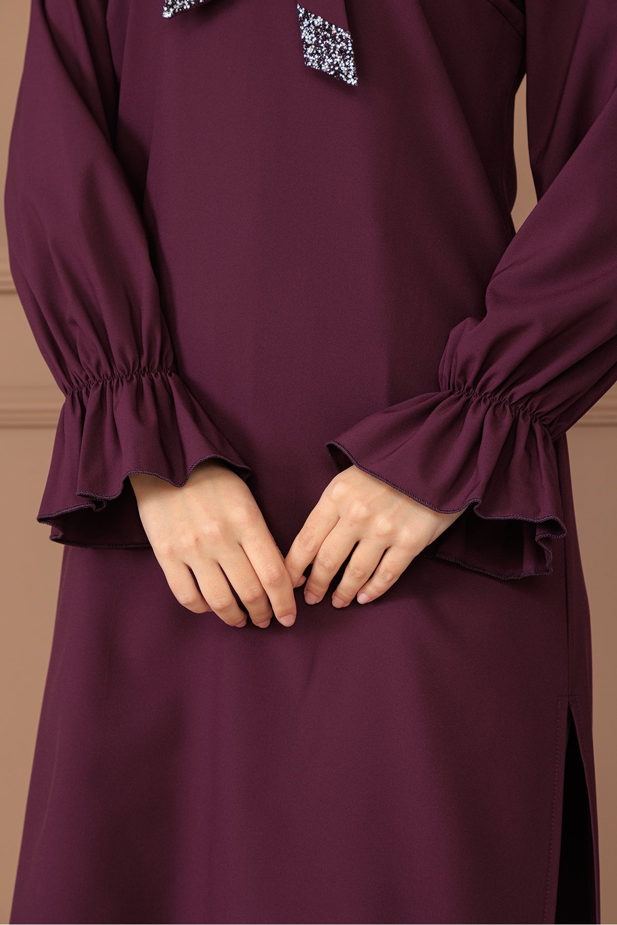 Azel Tesettür Tunik Pantolon İkili Takım, Taş Detaylı, Kravatlı, Yırtmaçlı