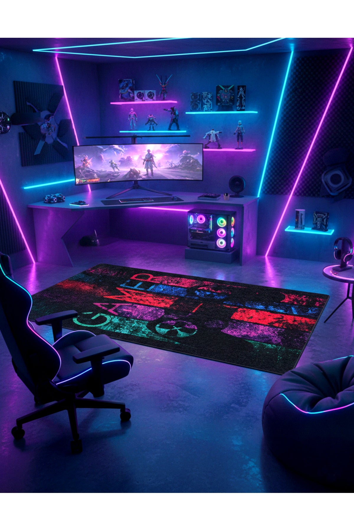 Gamer Oyuncu Siyah Genç Odası Lateks Deri Taban Halı