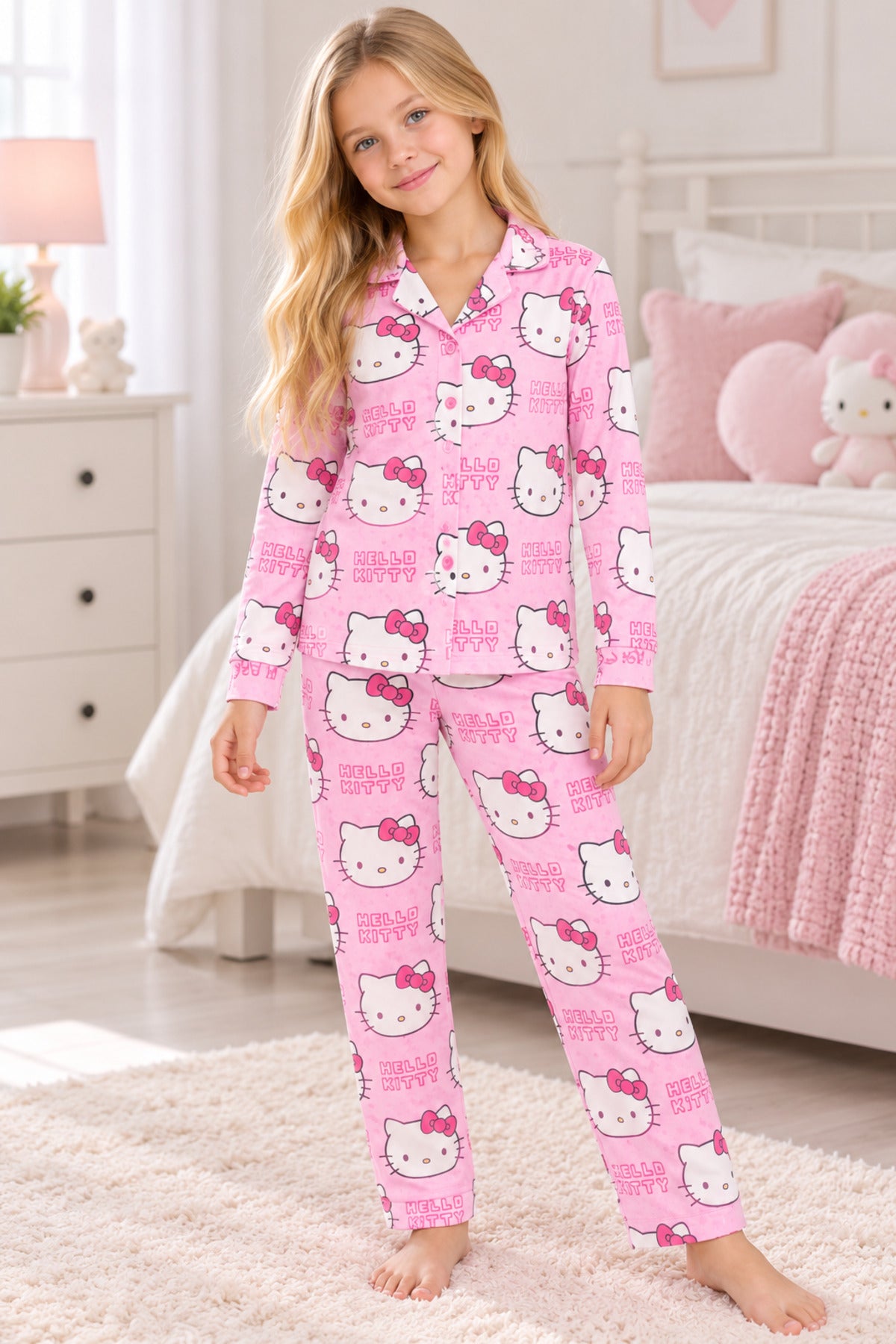 Kız çocuk düğmeli uzun kollu süet pijama takımı