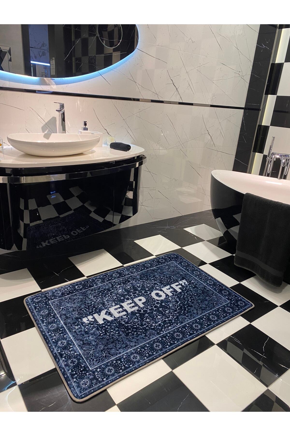 Keep Off Tekli Lateks Kaymaz Taban Su Geçirmez Banyo Paspas Takımı (80x120) Lacivert