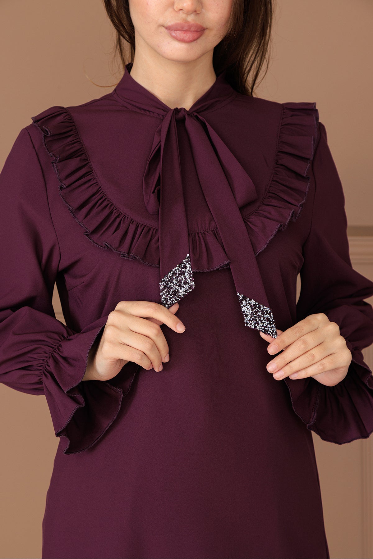 Azel Tesettür Tunik Pantolon İkili Takım, Taş Detaylı, Kravatlı, Yırtmaçlı