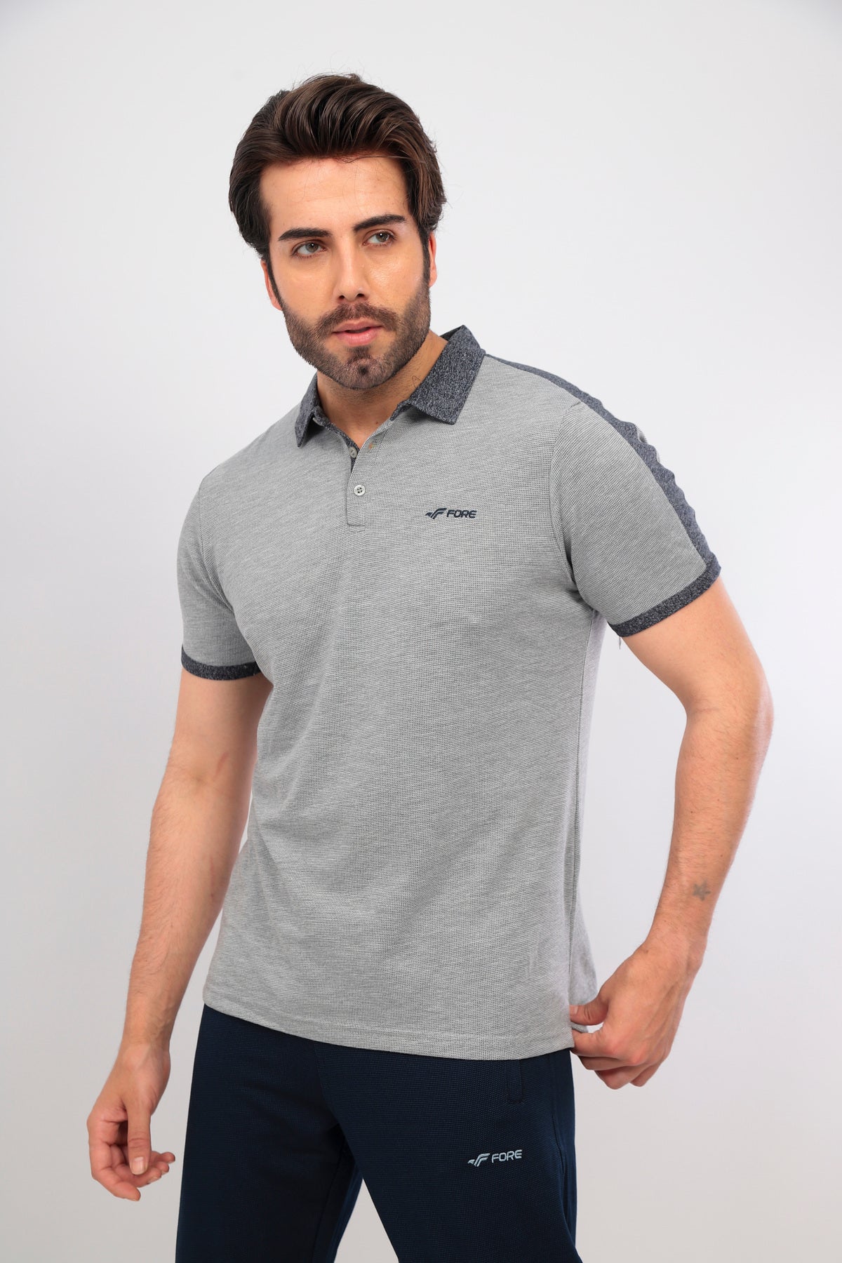 Erkek Gri Melanj Lacivert Polo Yaka T-shirt Takım