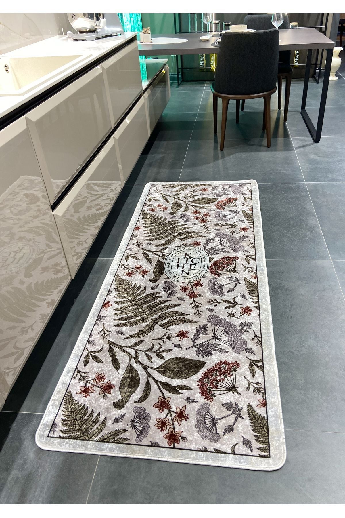 Çiçek Desenli Lateks Deri Taban Kitchen Mutfak Halısı GRİ
