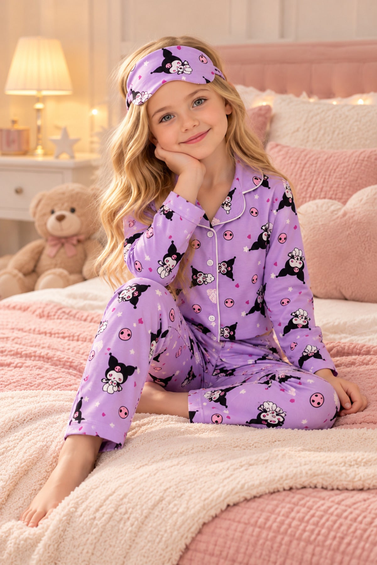 Kız çocuk pamuklu uzun kollu düğmeli pijama takımı