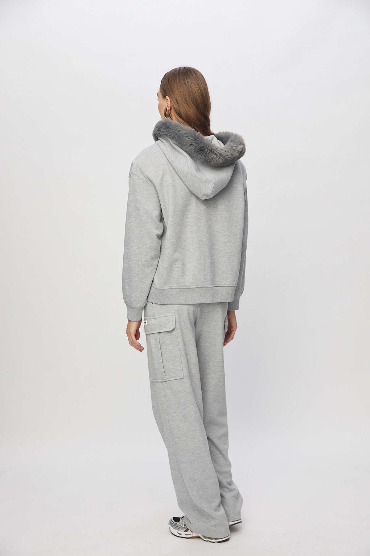 Kapşonlu kürk Detaylı Oversize Sweatshirt