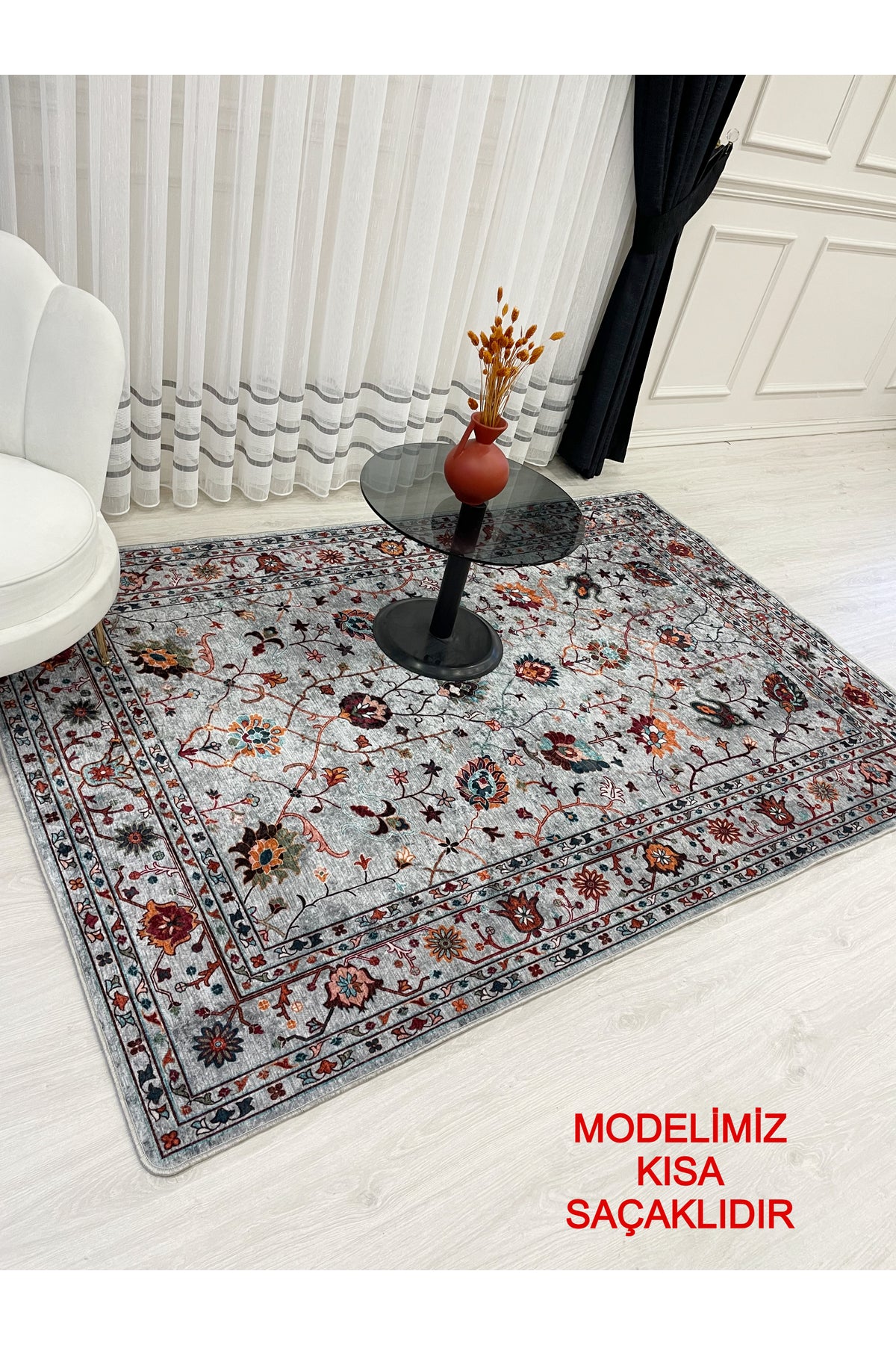 Gri Renk Vintage Çiçekli Oval Lateks Kaymaz Taban Halı
