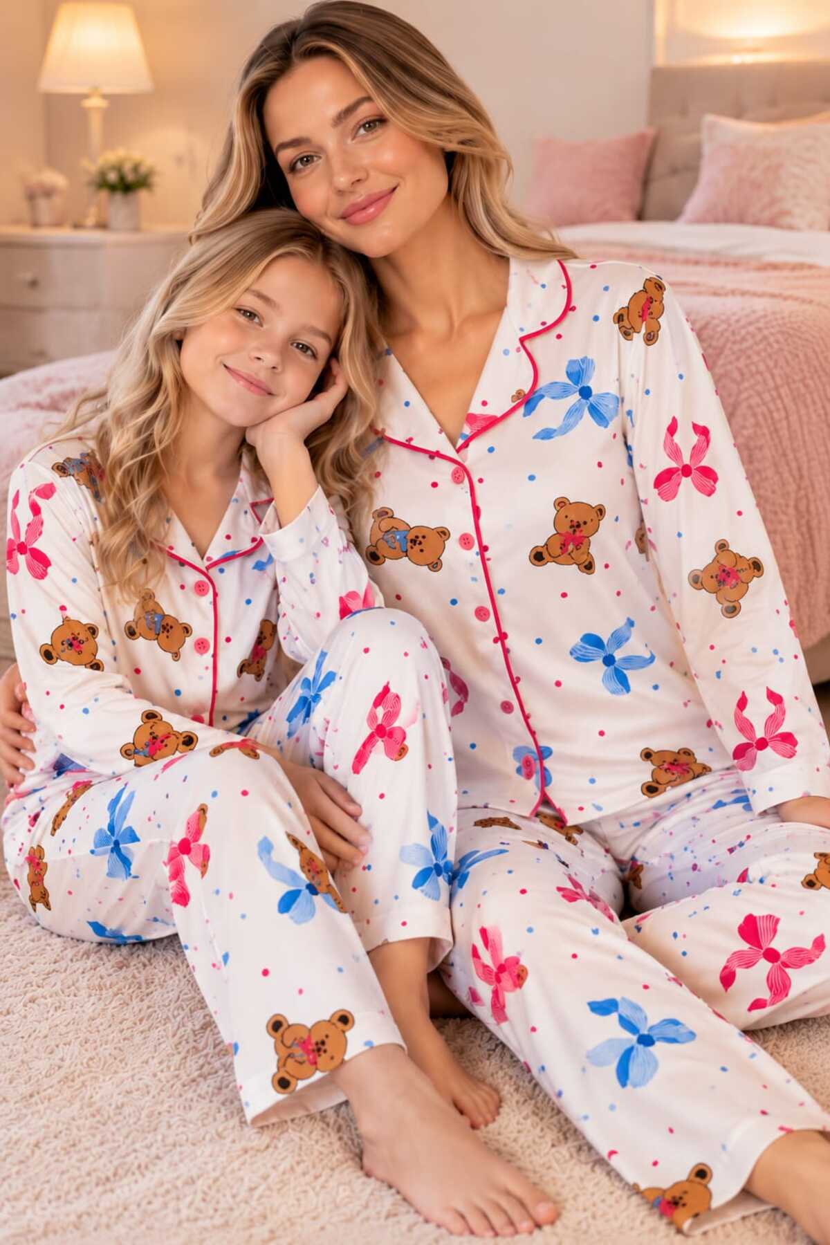 Anne ve kız çocuk kombin pamuklu uzun kollu düğmeli pijama takımı ( ayrı ayrı satılmaktadır)