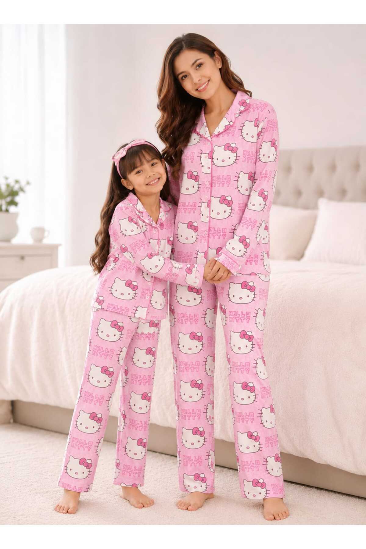 Anne kız pamuklu düğmeli uzun kollu kombin pijama takımı (tek takım fiyatıdır)