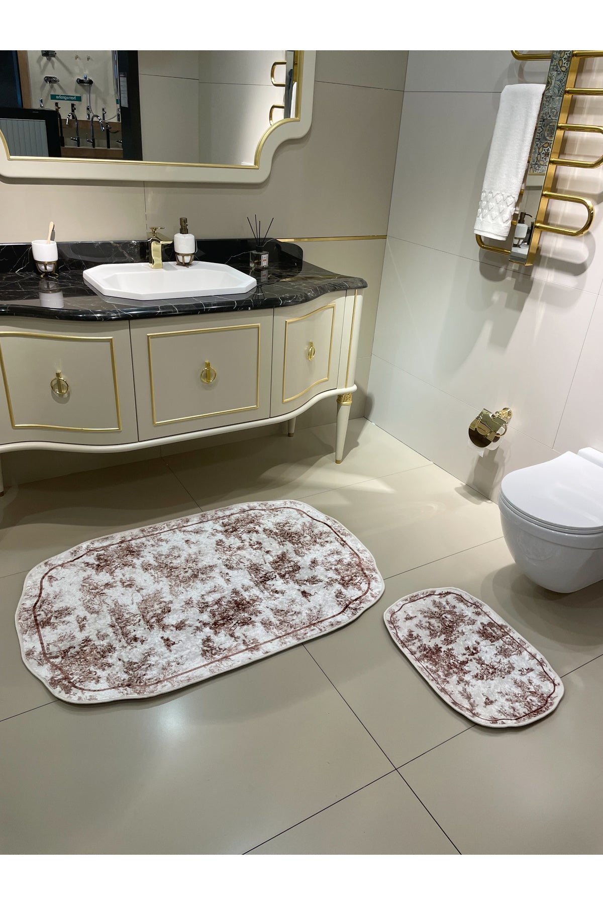 Toile de Jouy Temalı Tekli Lateks Taban Banyo Paspası (80X120)