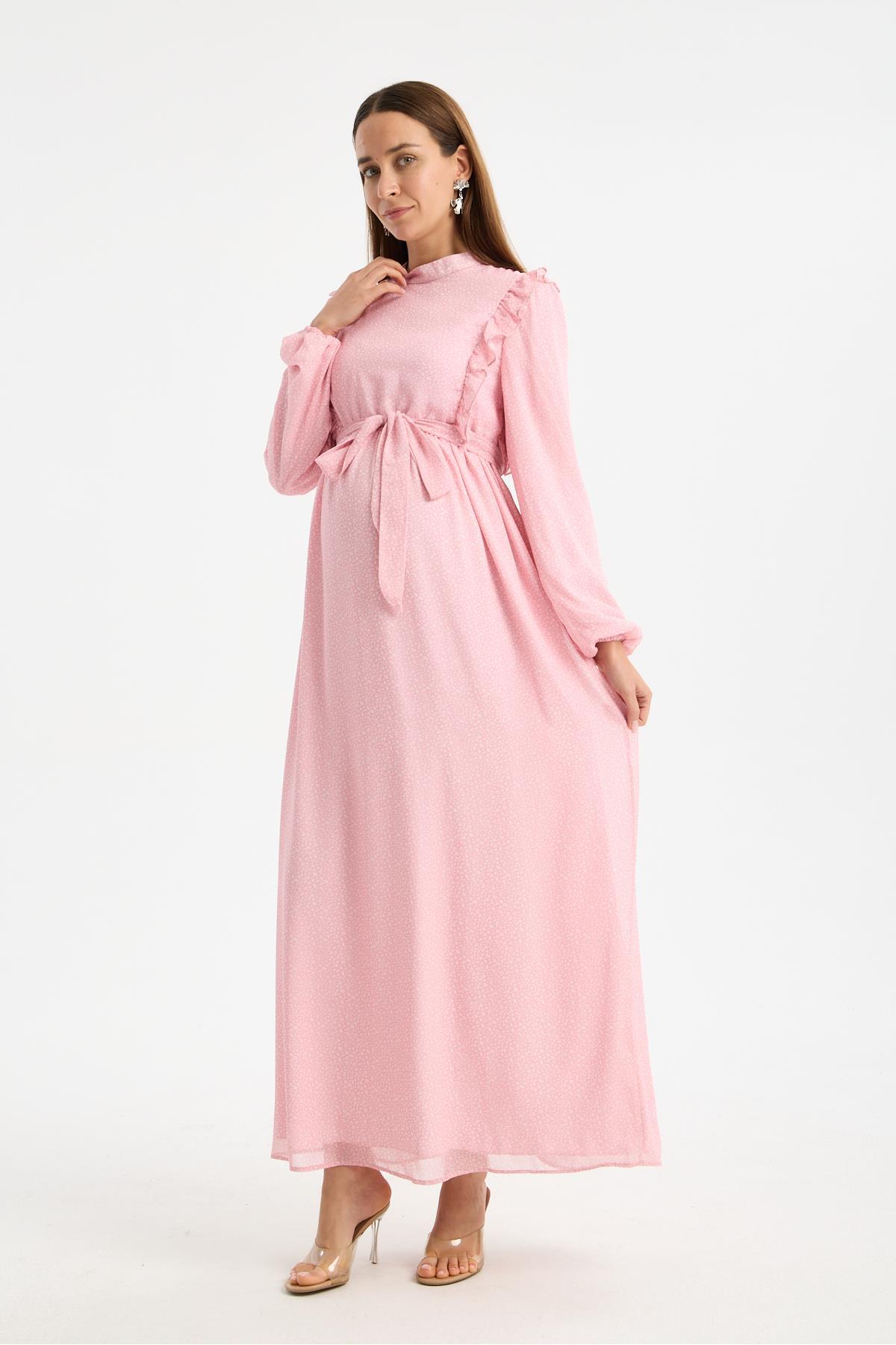 M0024-Hakim Yaka Mini Leopar Desen Hamile Maxi Şifon Elbise